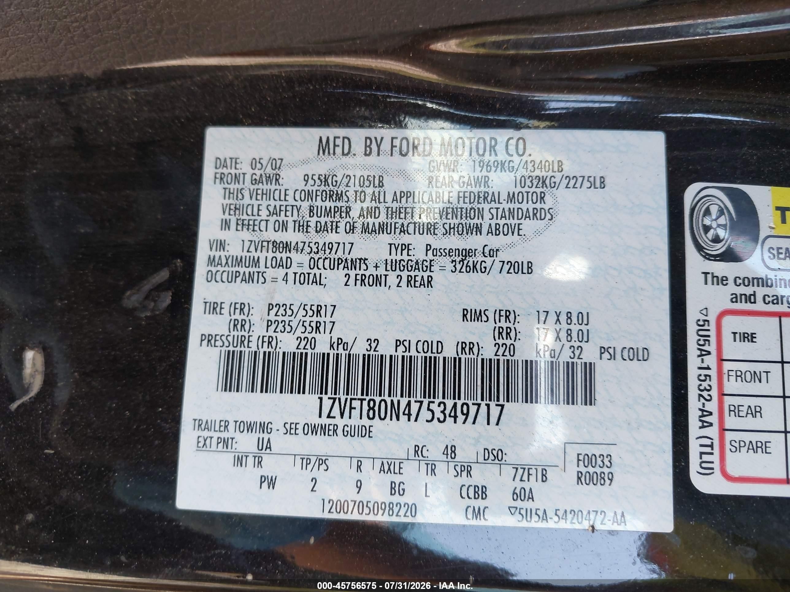 2007 Ford Mustang V6 Deluxe/v6 Premium Black vin: 1ZVFT80N475349717