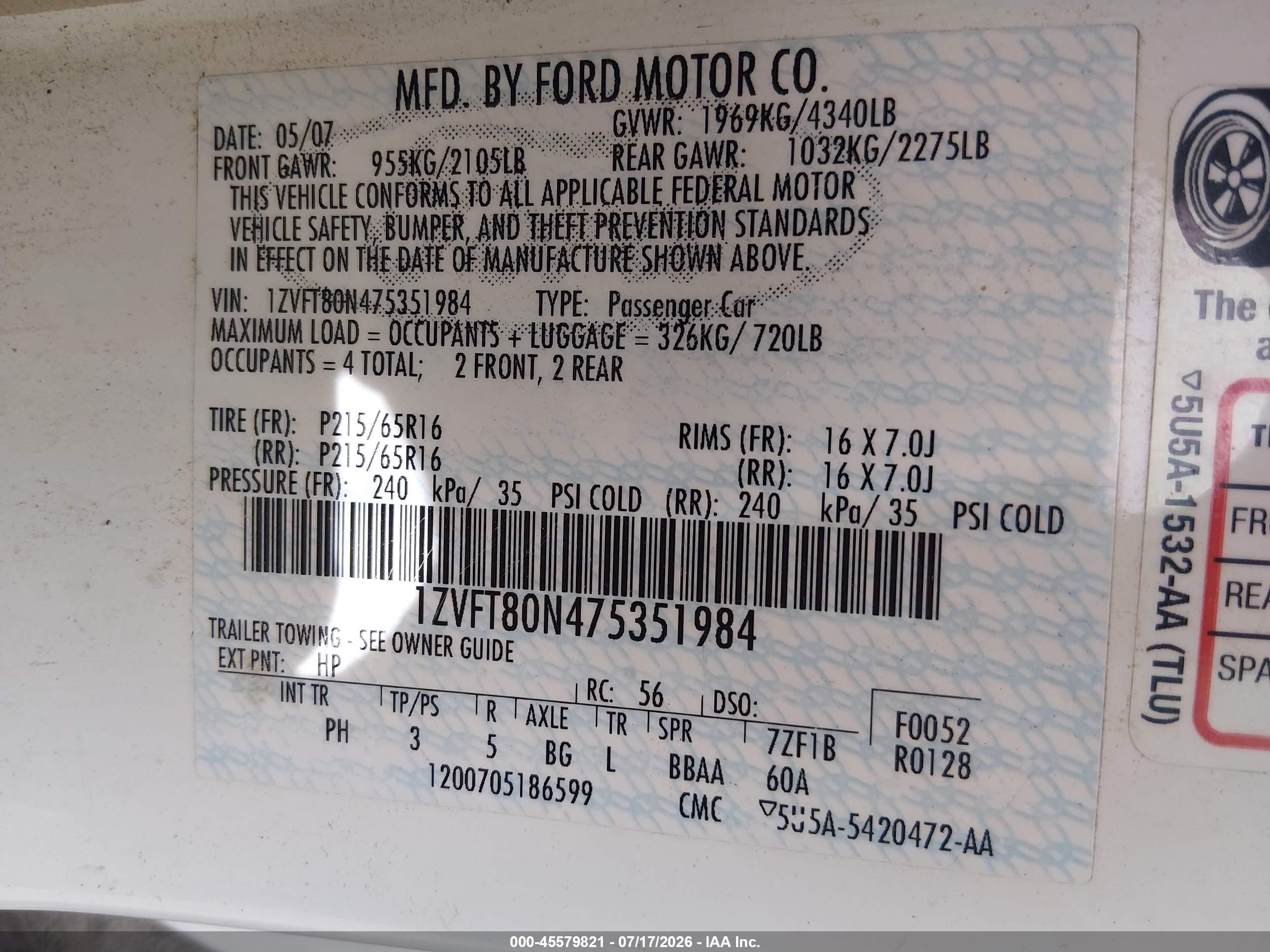 2007 Ford Mustang V6 Deluxe/v6 Premium Белый vin: 1ZVFT80N475351984
