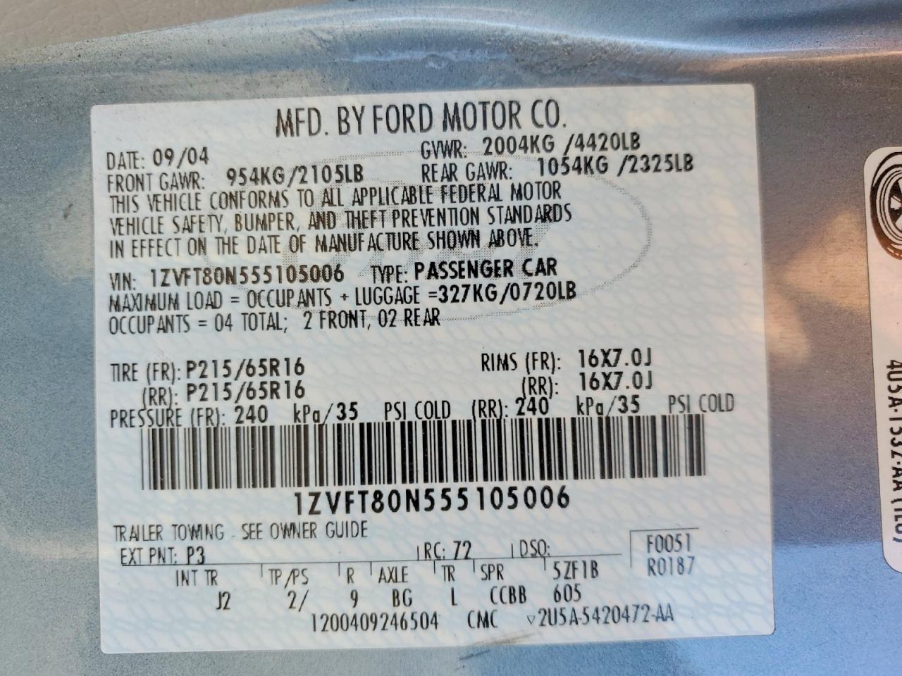 2005 Ford Mustang Blue vin: 1ZVFT80N555105006