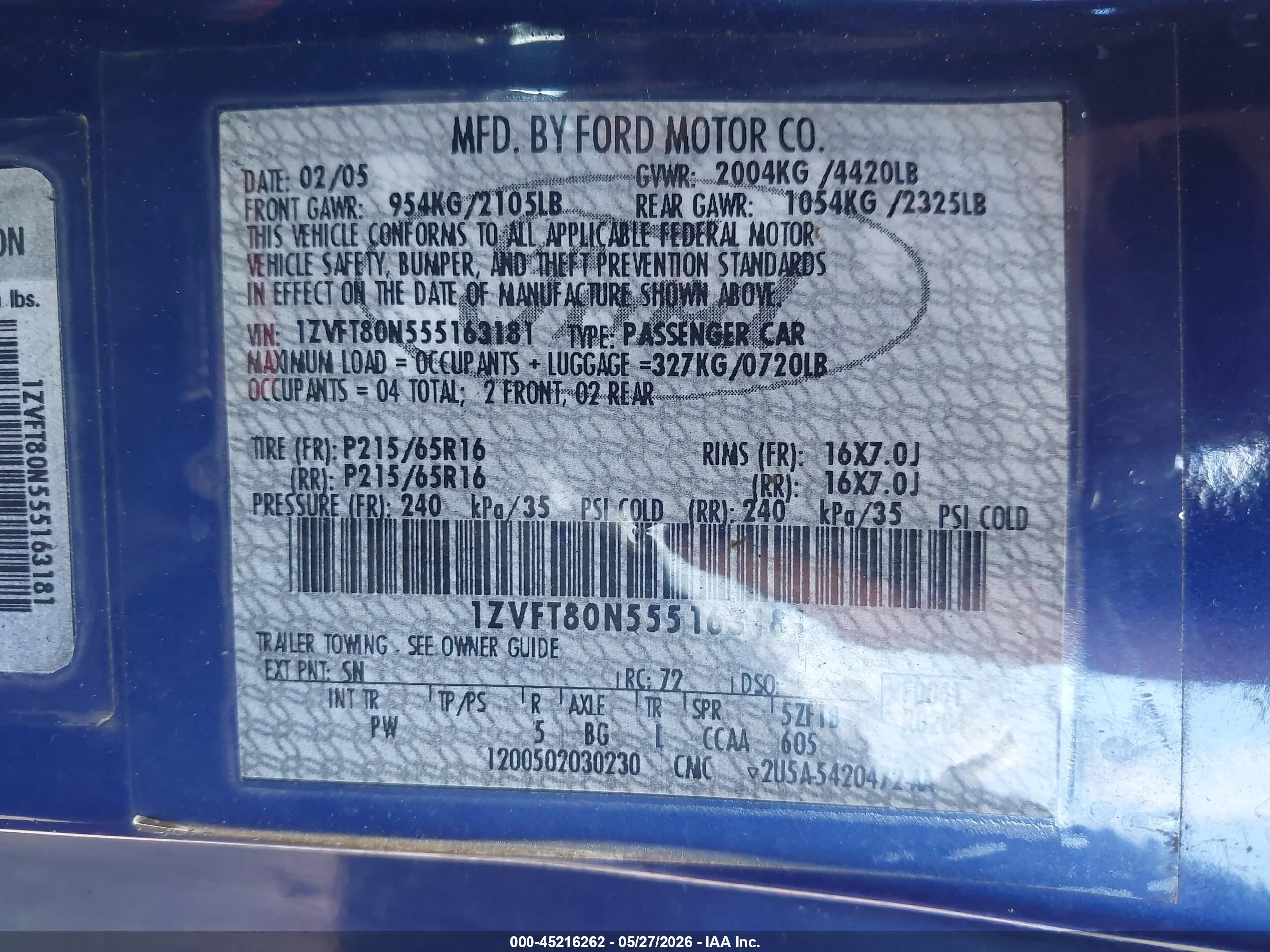 2005 Ford Mustang V6 Deluxe/v6 Premium Blue vin: 1ZVFT80N555163181