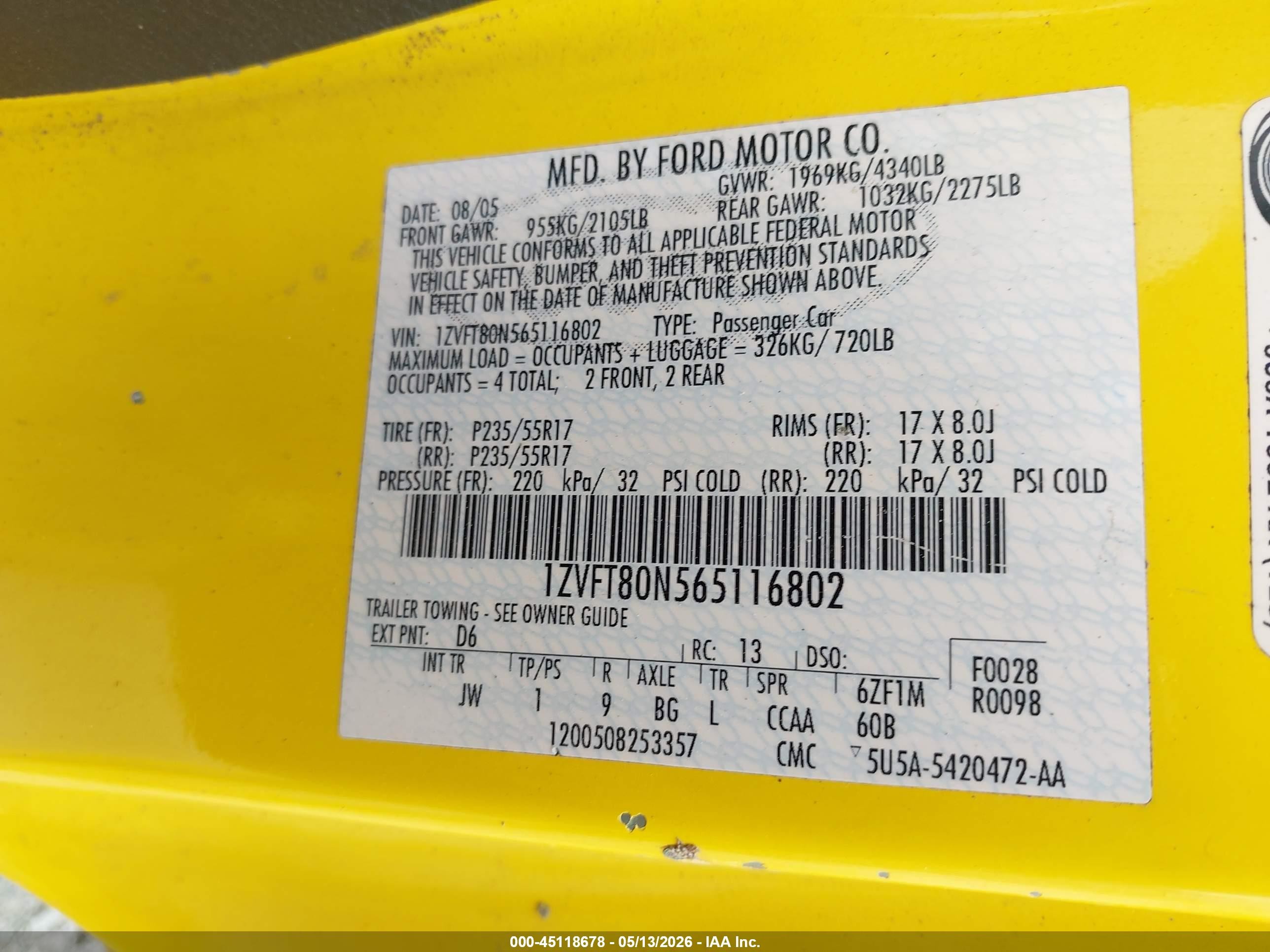 2006 Ford Mustang V6 Yellow vin: 1ZVFT80N565116802