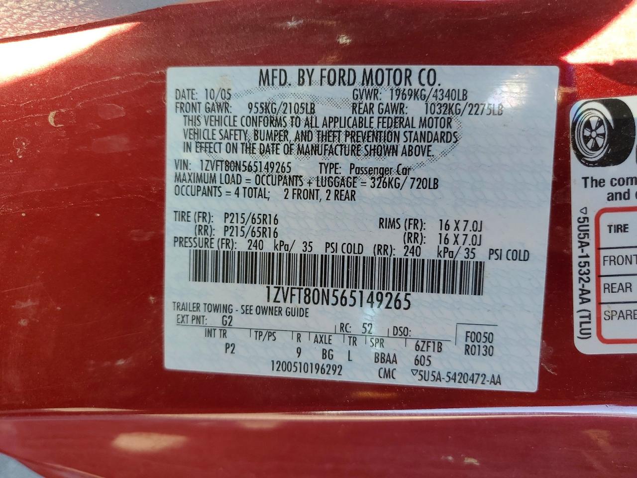 2006 Ford Mustang Maroon vin: 1ZVFT80N565149265