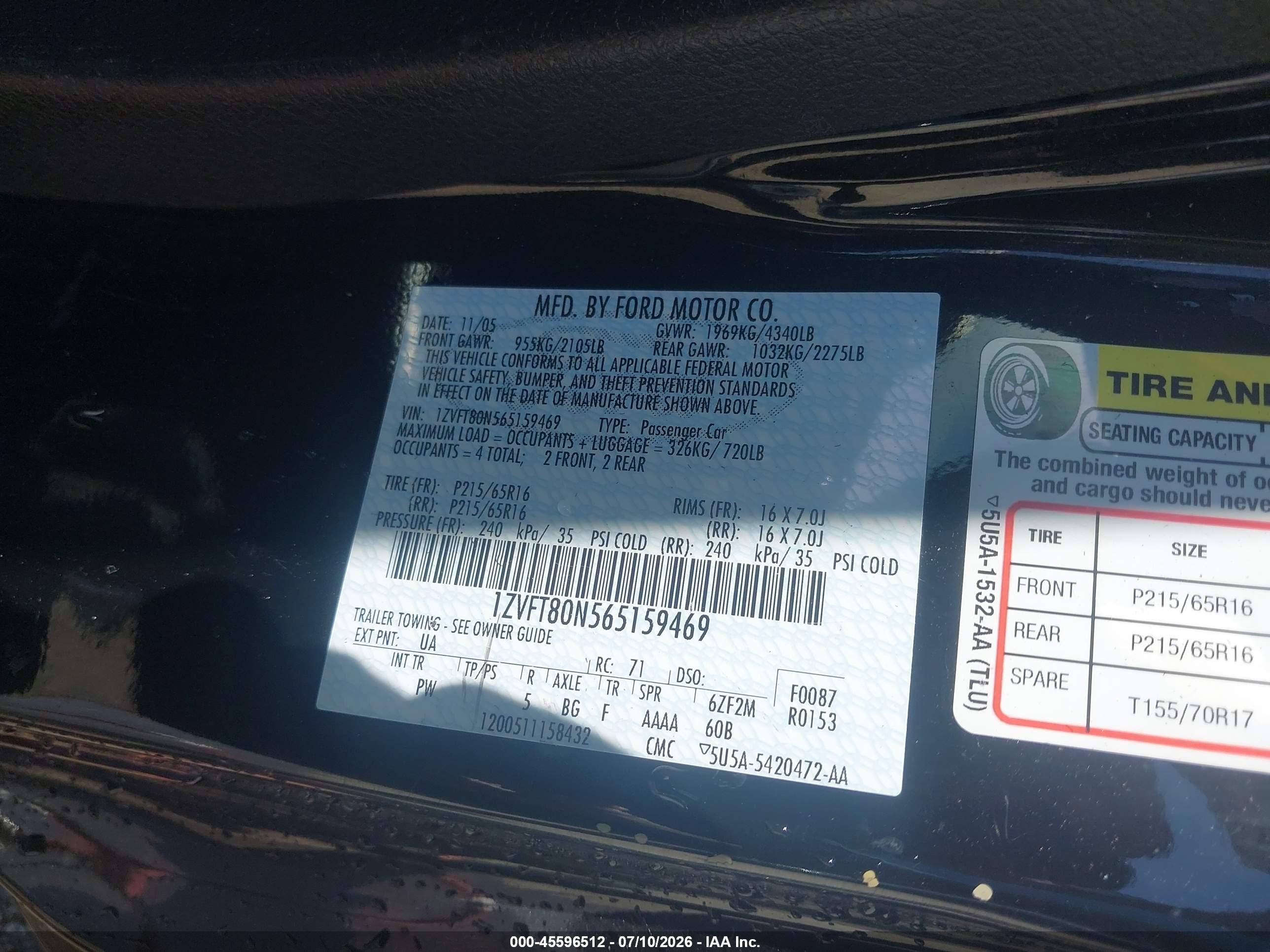 2006 Ford Mustang V6 Black vin: 1ZVFT80N565159469