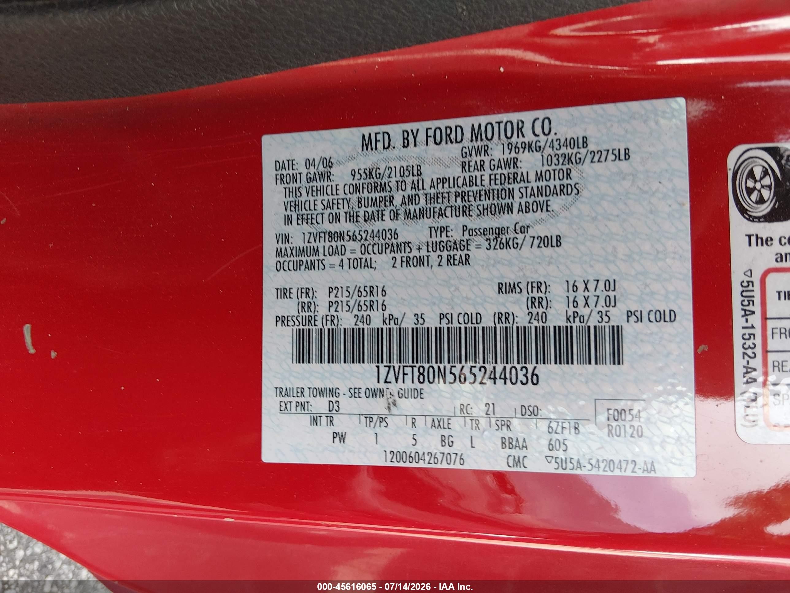 2006 Ford Mustang V6 Red vin: 1ZVFT80N565244036