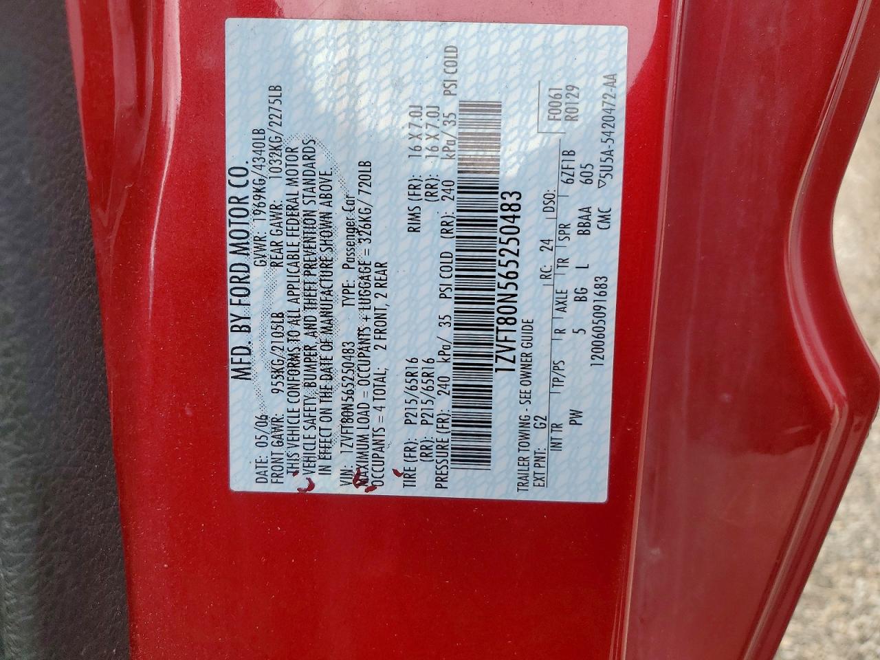 2006 Ford Mustang Бордовый vin: 1ZVFT80N565250483