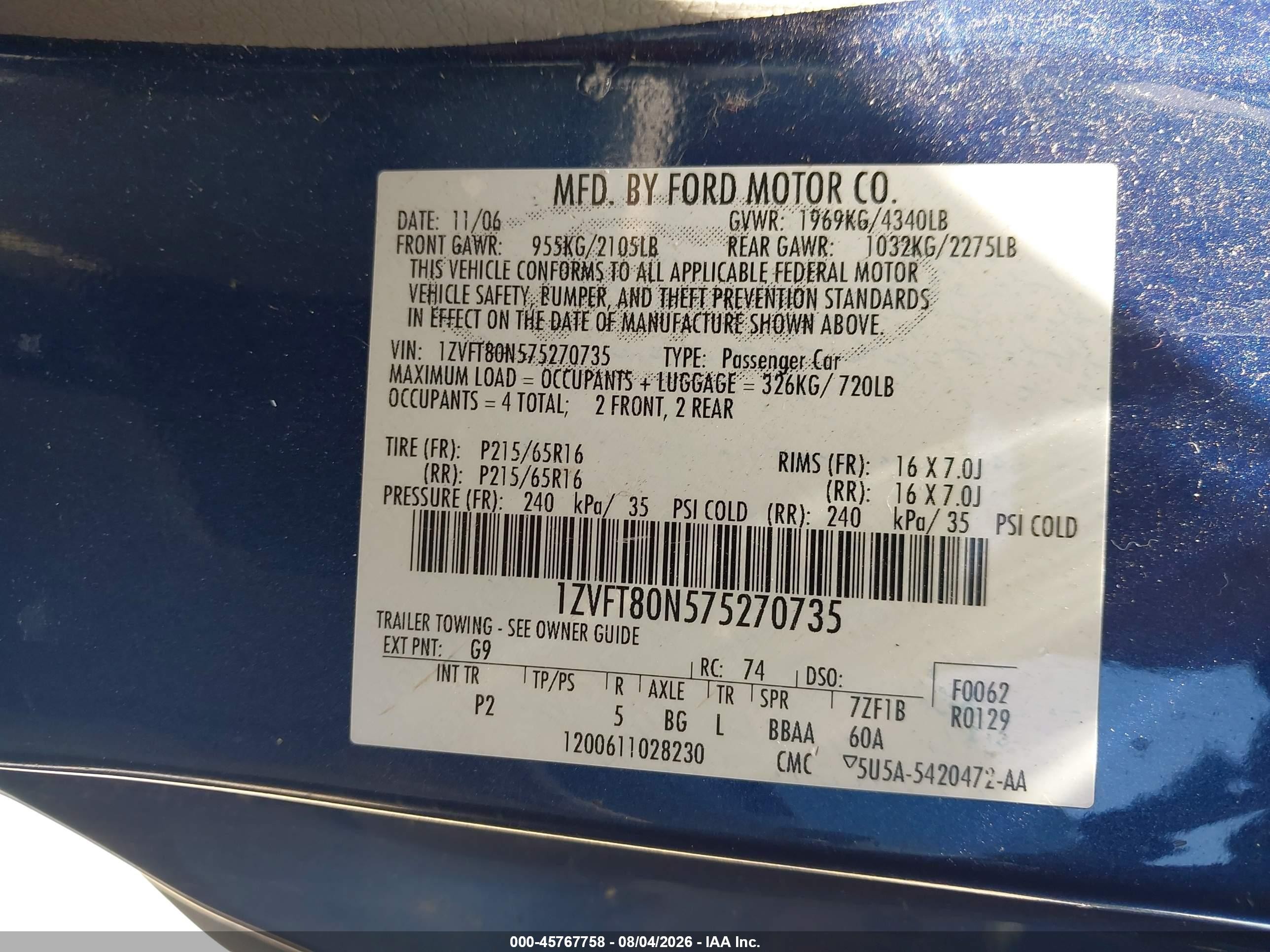 2007 Ford Mustang V6 Deluxe/v6 Premium Dark Blue vin: 1ZVFT80N575270735