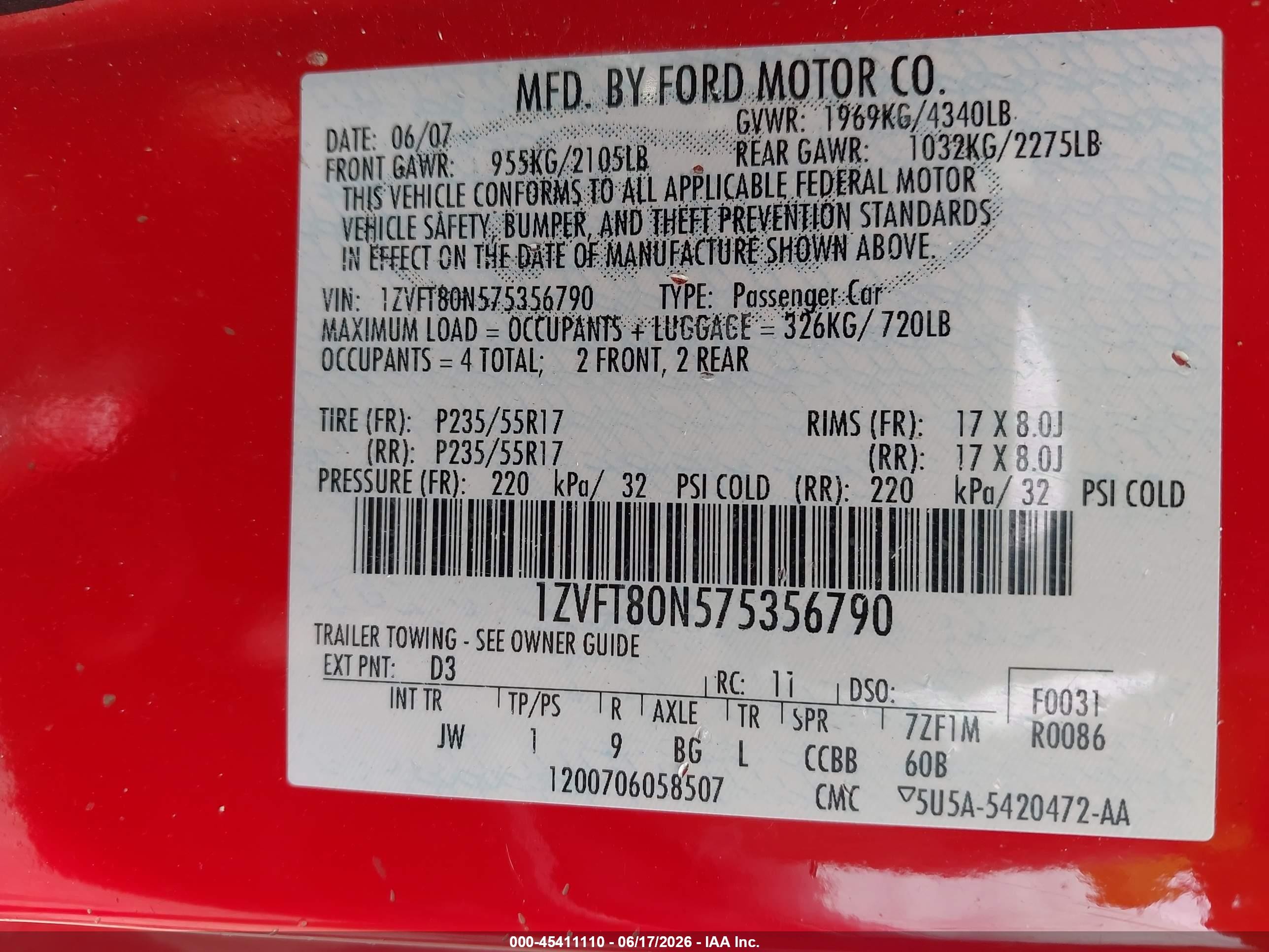 2007 Ford Mustang V6 Deluxe/v6 Premium Red vin: 1ZVFT80N575356790