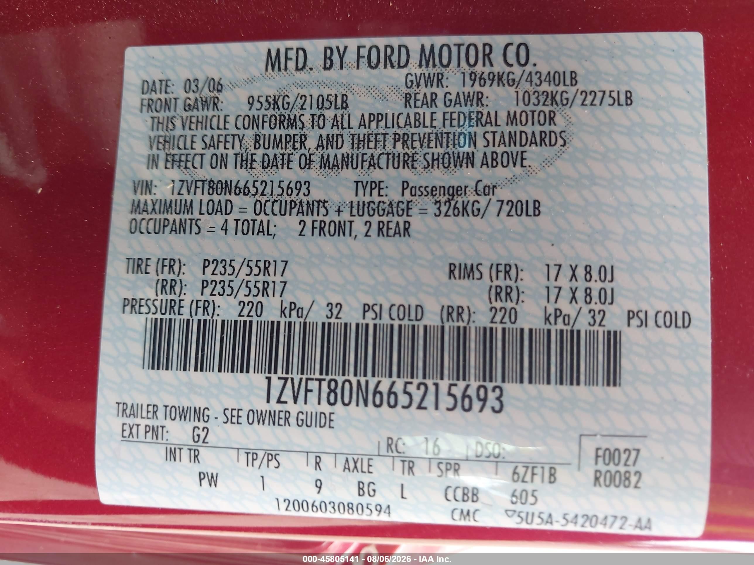 2006 Ford Mustang V6 Red vin: 1ZVFT80N665215693