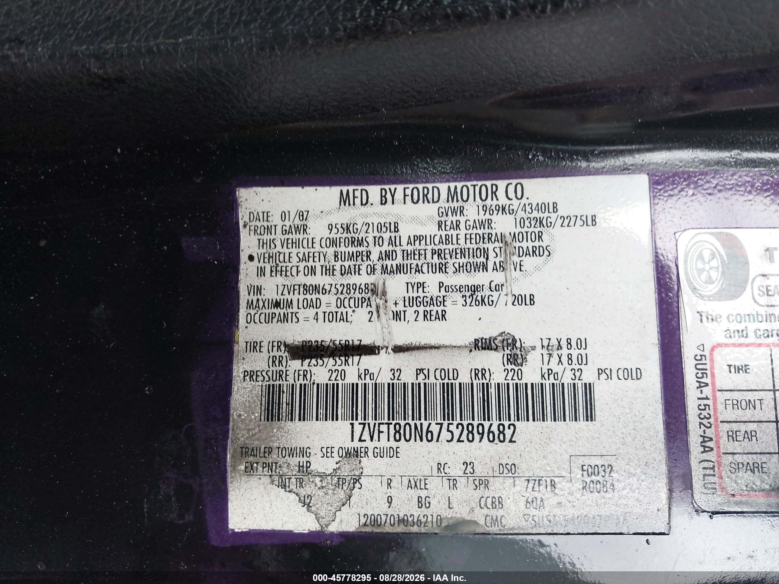 2007 Ford Mustang V6 Deluxe/v6 Premium Black vin: 1ZVFT80N675289682