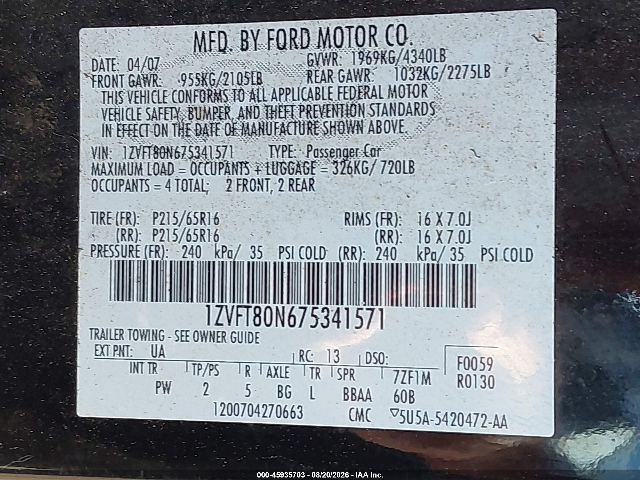 2007 Ford Mustang V6 Deluxe/v6 Premium Черный vin: 1ZVFT80N675341571