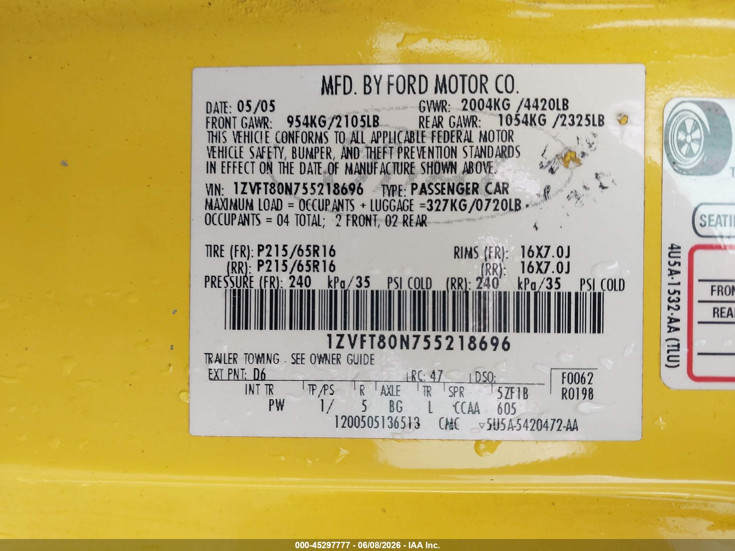 2005 Ford Mustang V6 Deluxe/v6 Premium Yellow vin: 1ZVFT80N755218696