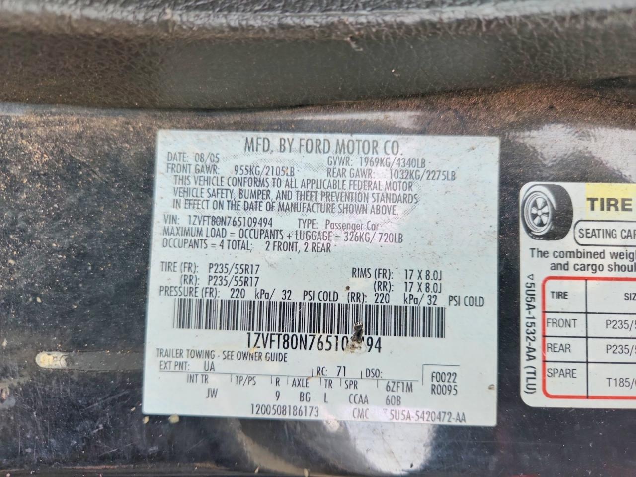 2006 Ford Mustang Черный vin: 1ZVFT80N765109494