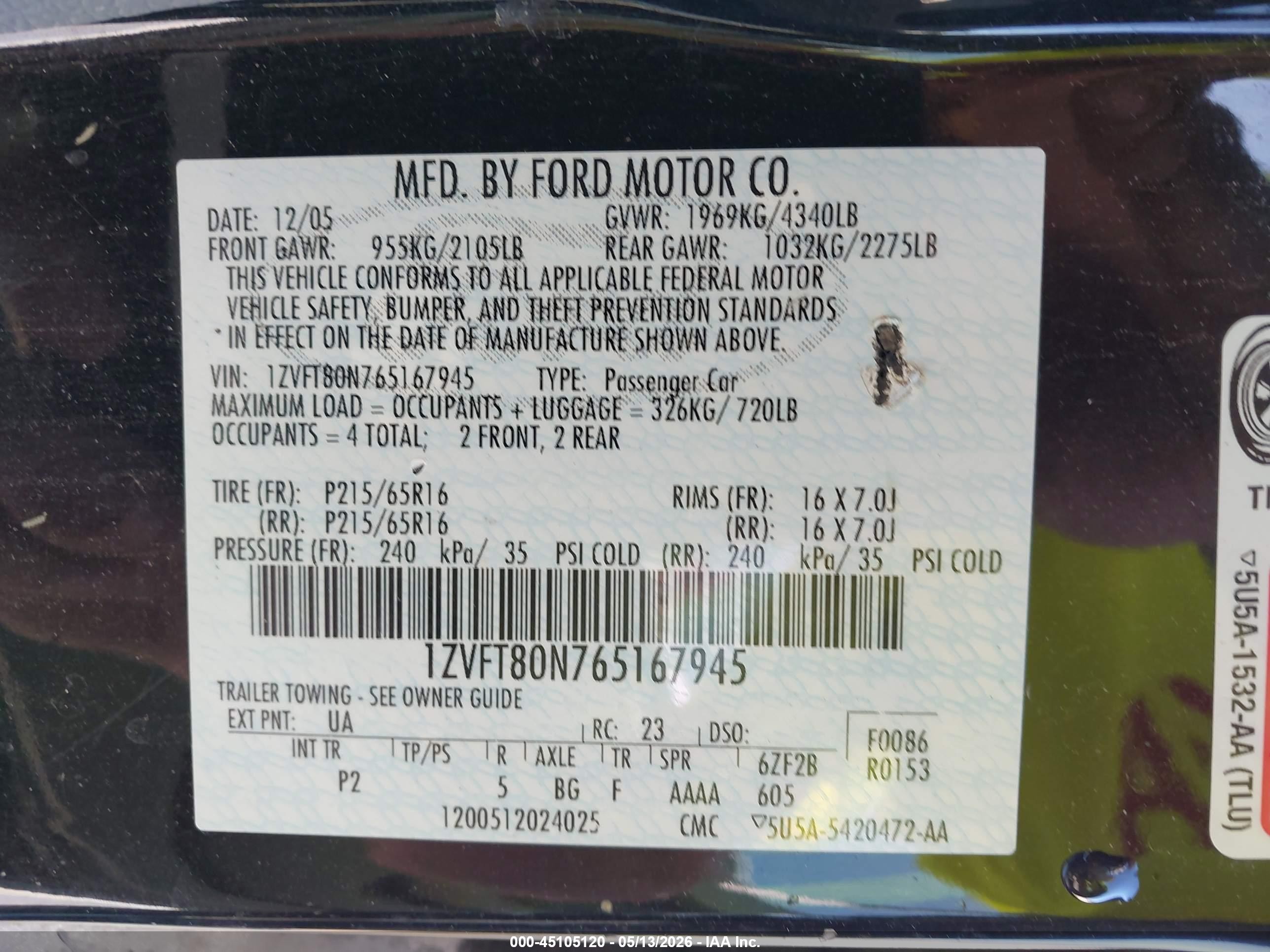 2006 Ford Mustang V6 Black vin: 1ZVFT80N765167945