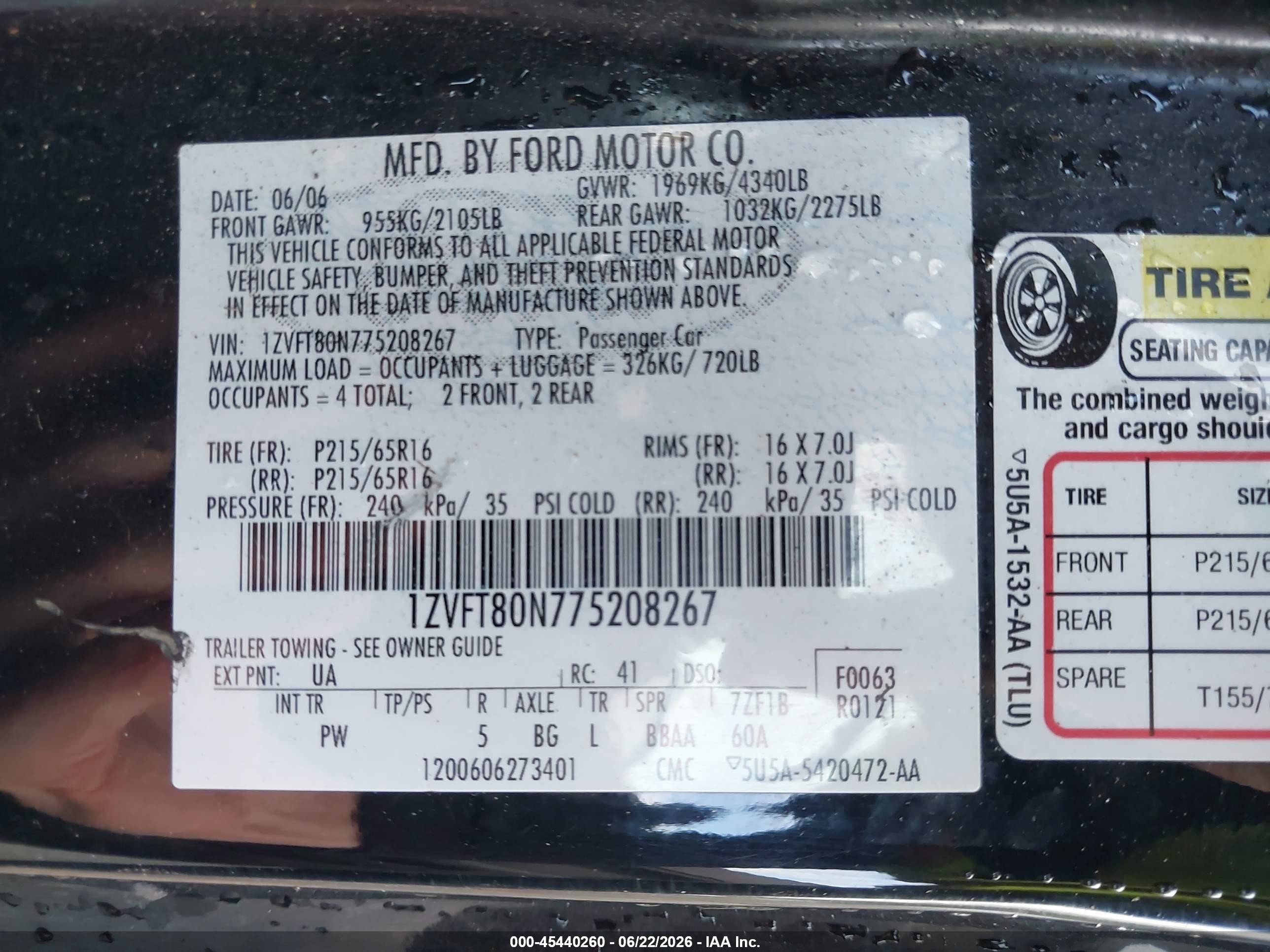 2007 Ford Mustang V6 Deluxe/v6 Premium Black vin: 1ZVFT80N775208267