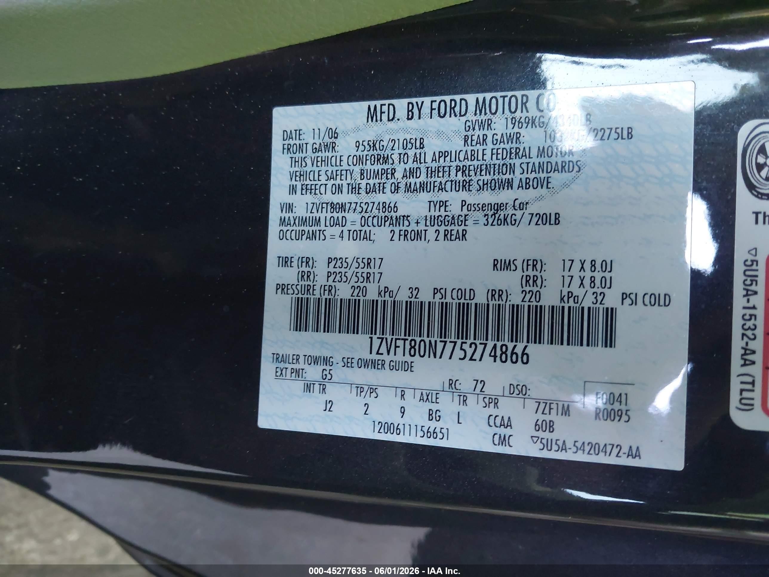 2007 Ford Mustang V6 Deluxe/v6 Premium Черный vin: 1ZVFT80N775274866