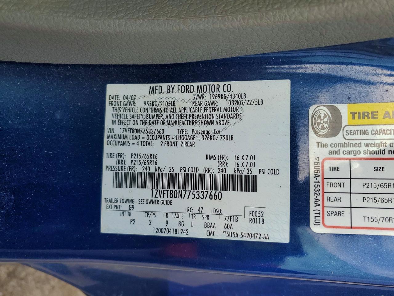 2007 Ford Mustang Blue vin: 1ZVFT80N775337660