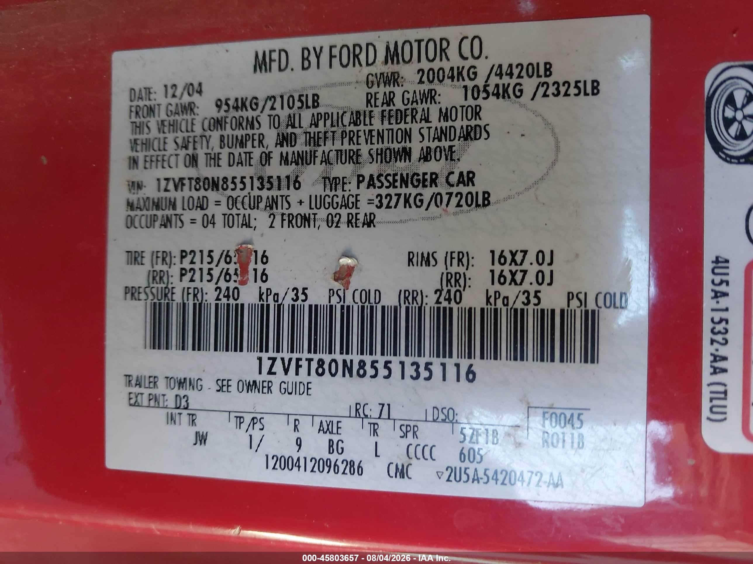 2005 Ford Mustang V6 Deluxe/v6 Premium Red vin: 1ZVFT80N855135116