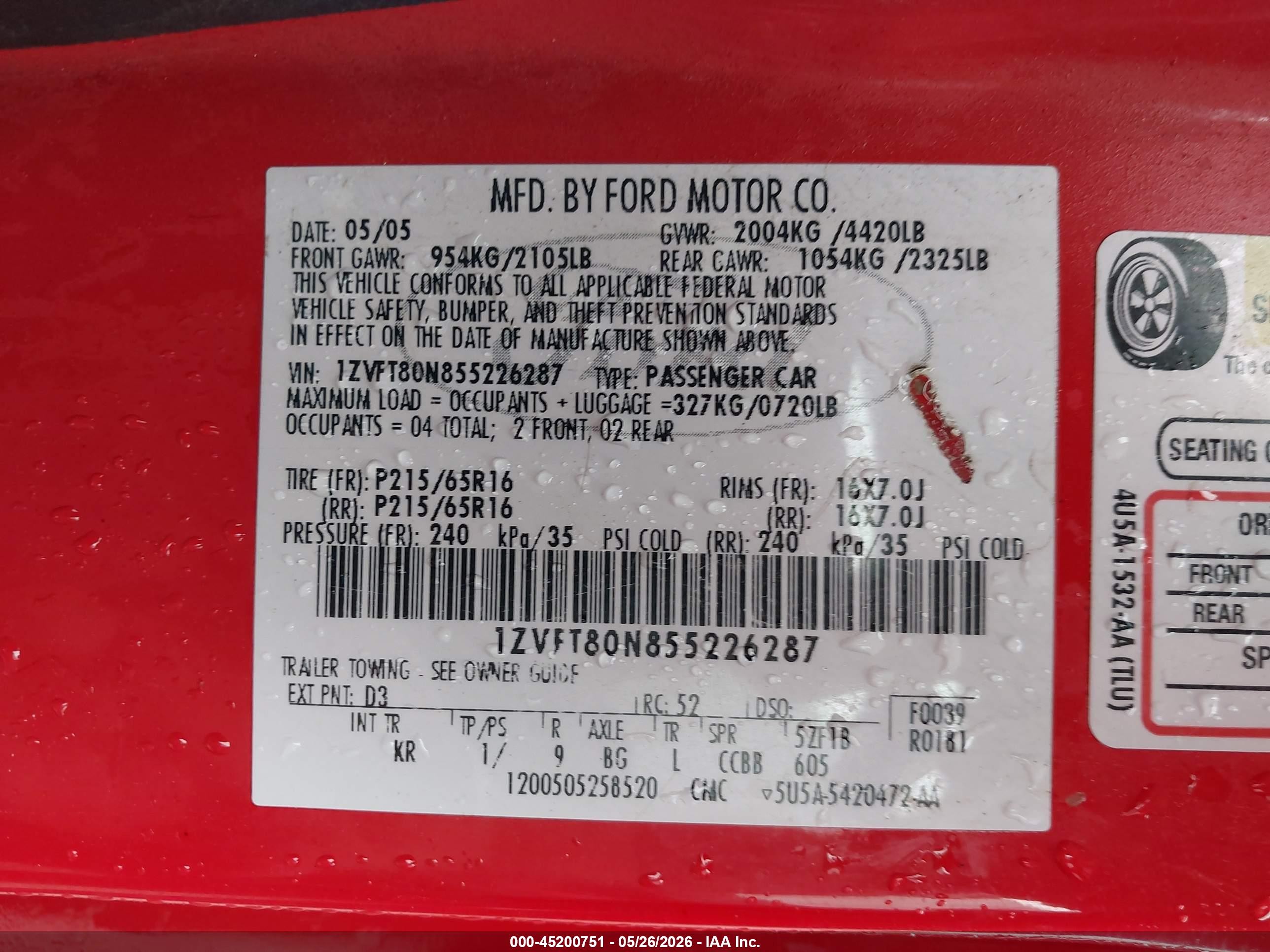 2005 Ford Mustang V6 Deluxe/v6 Premium Red vin: 1ZVFT80N855226287