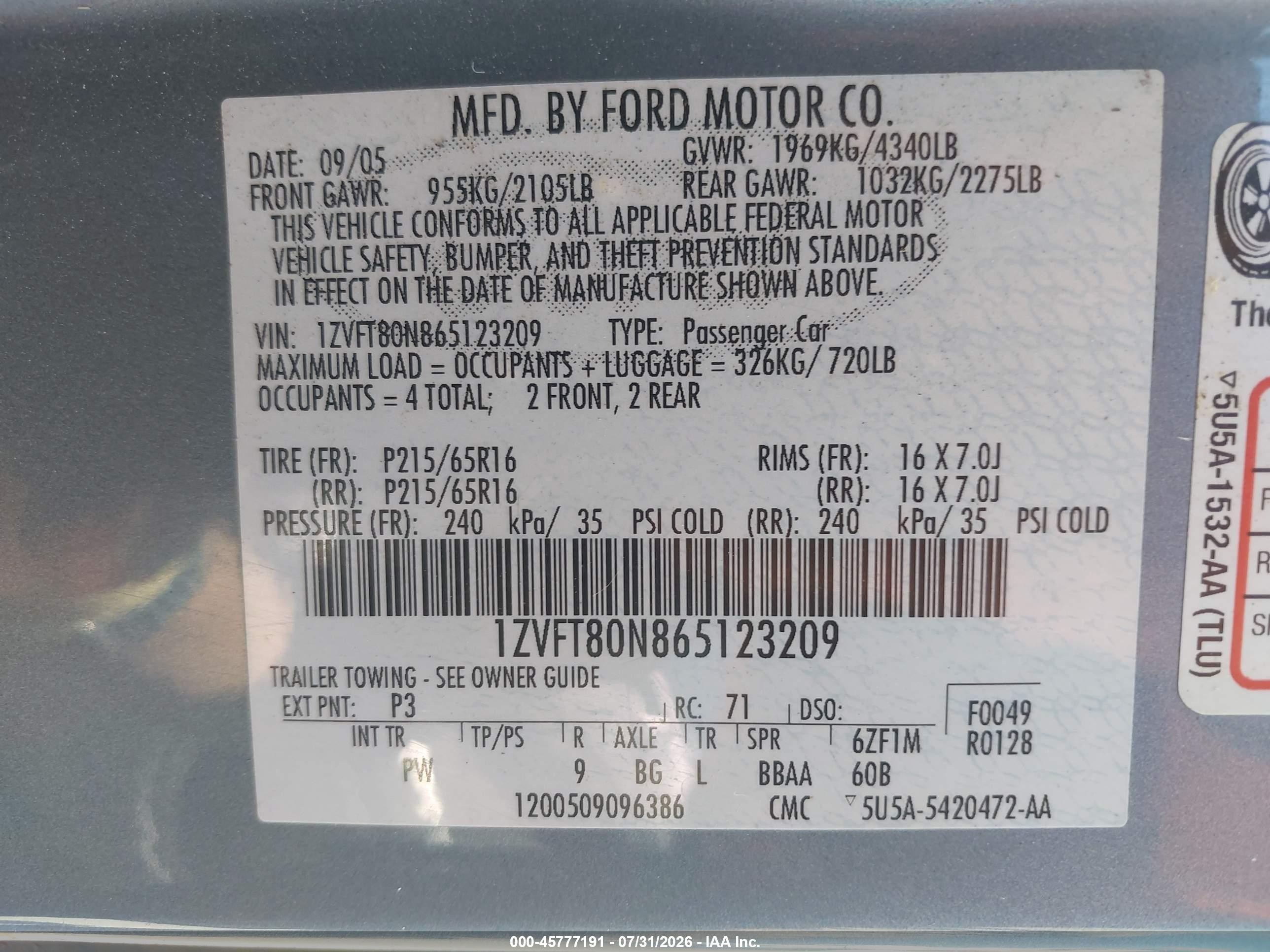2006 Ford Mustang V6 Light Blue vin: 1ZVFT80N865123209