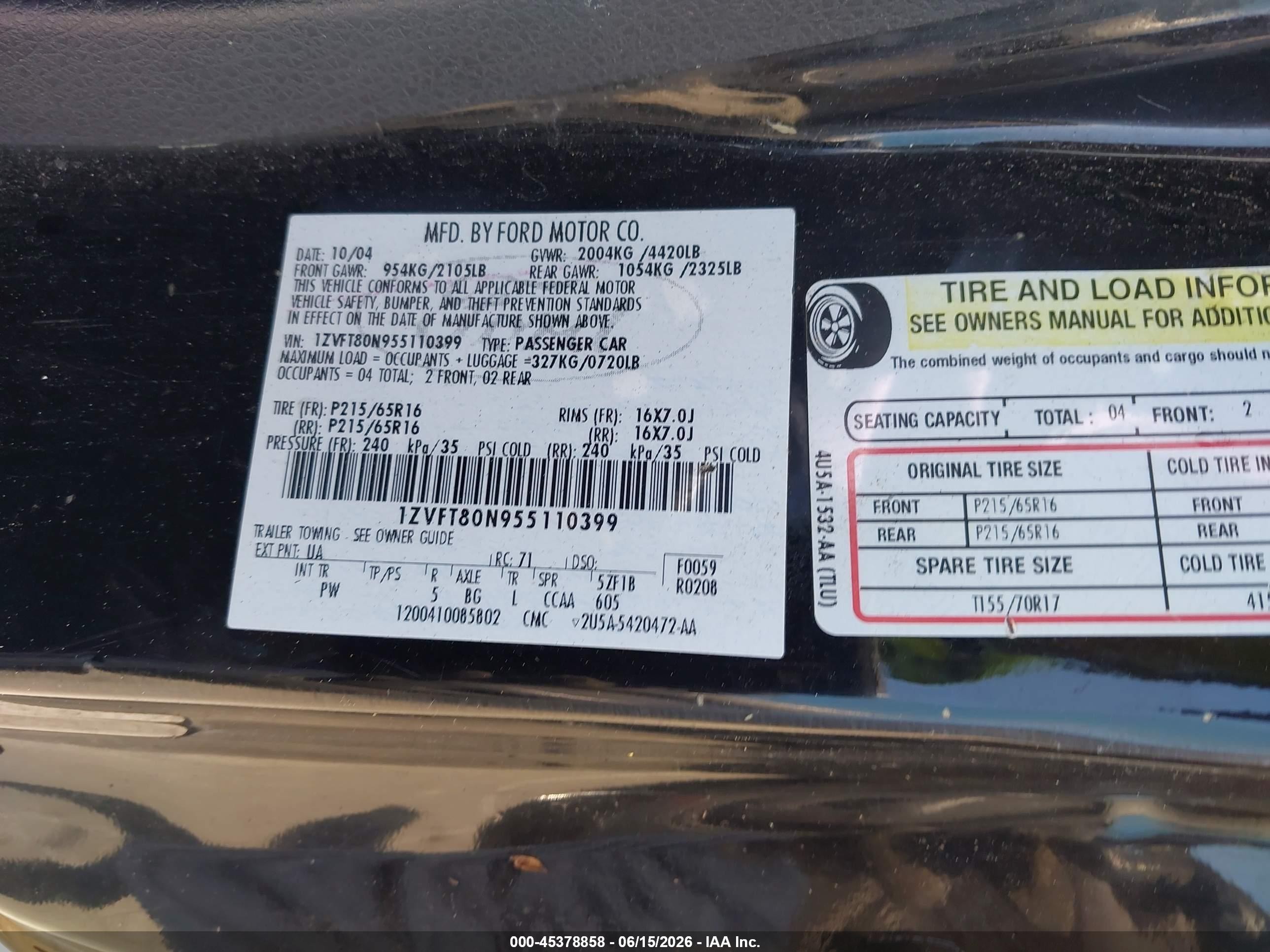 2005 Ford Mustang V6 Deluxe/v6 Premium Черный vin: 1ZVFT80N955110399