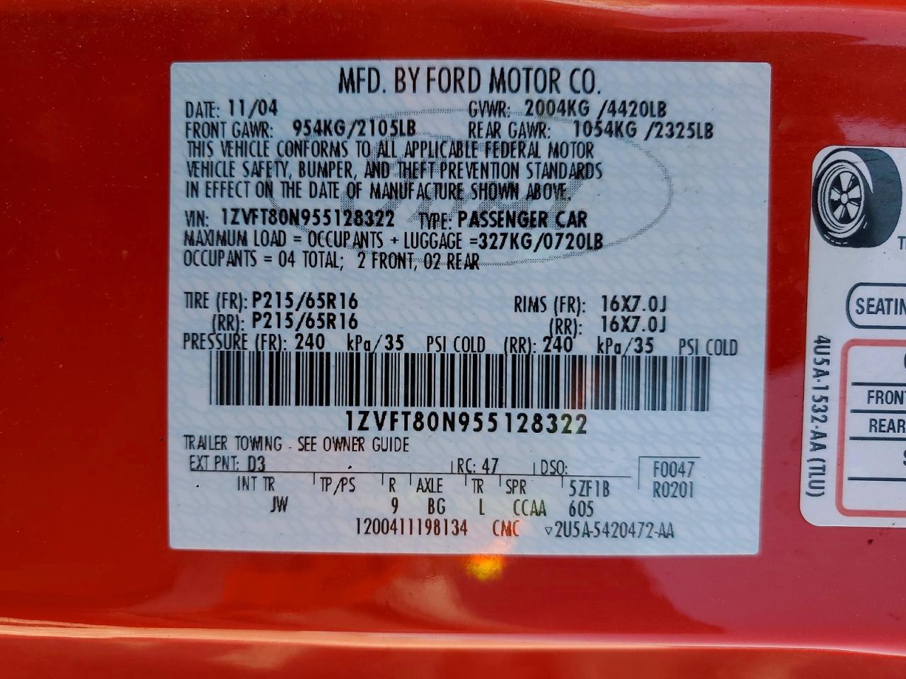 2005 Ford Mustang Red vin: 1ZVFT80N955128322