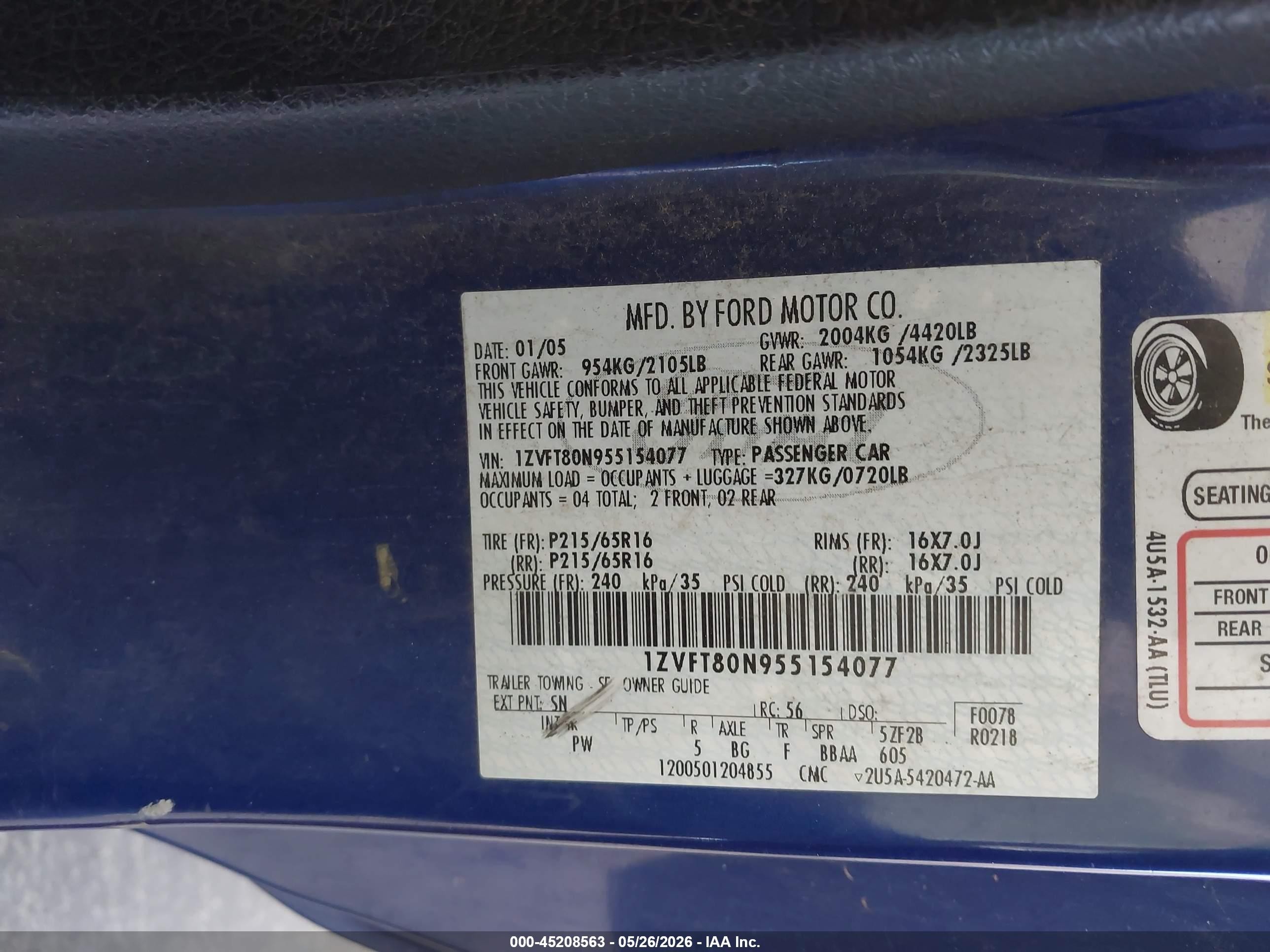 2005 Ford Mustang V6 Deluxe/v6 Premium Blue vin: 1ZVFT80N955154077