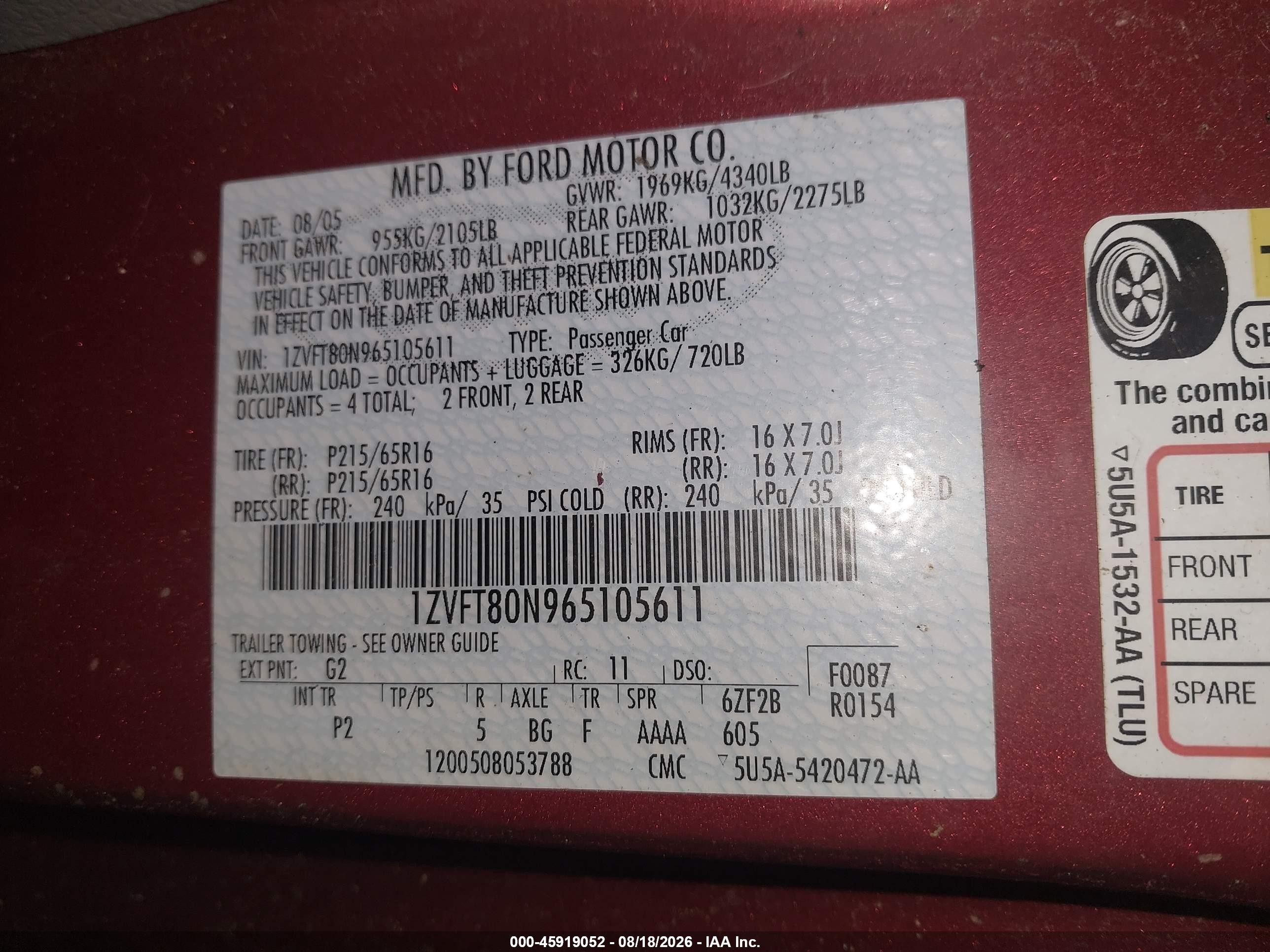 2006 Ford Mustang V6 Красный vin: 1ZVFT80N965105611