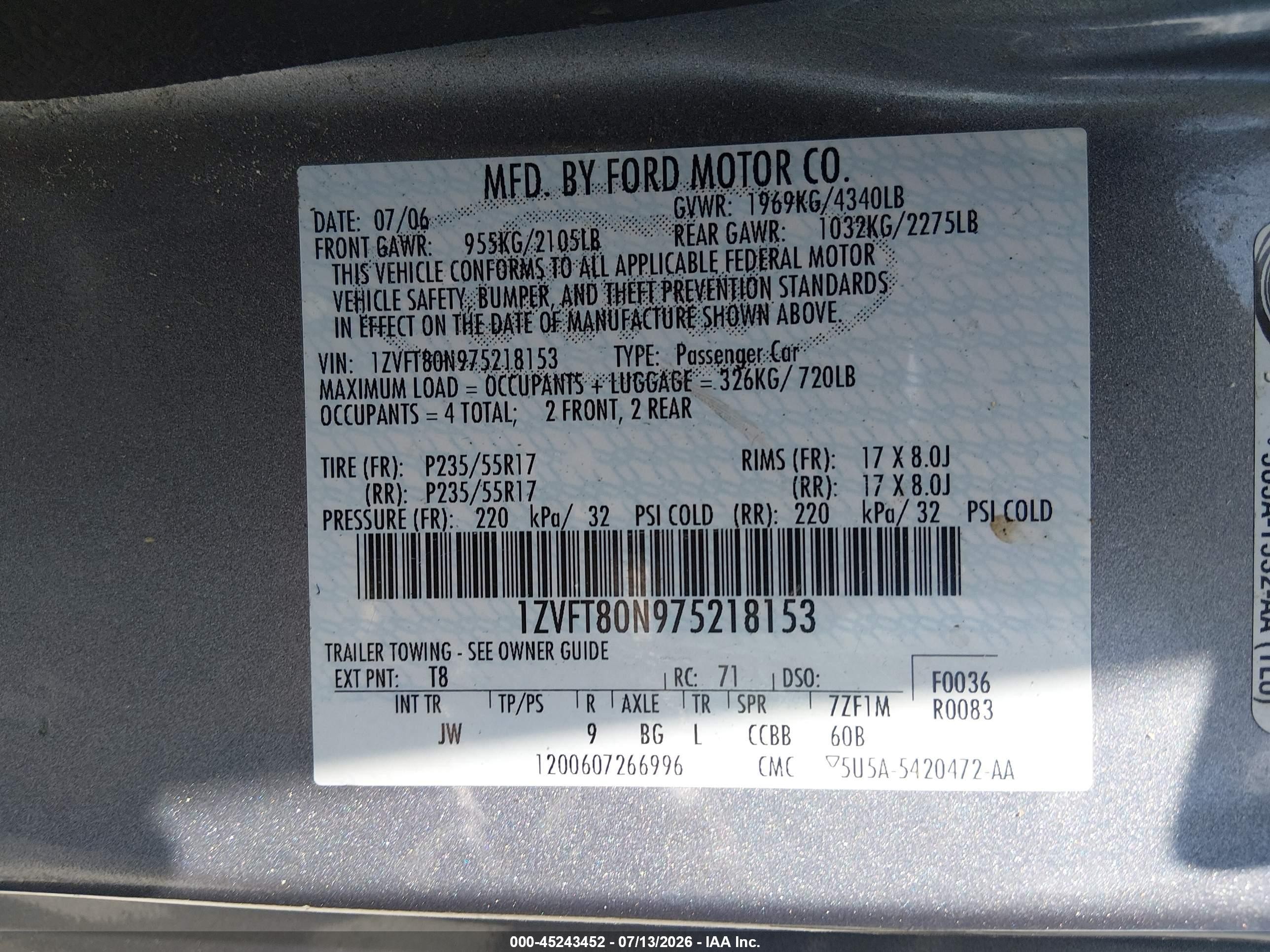2007 Ford Mustang V6 Deluxe/v6 Premium Gray vin: 1ZVFT80N975218153
