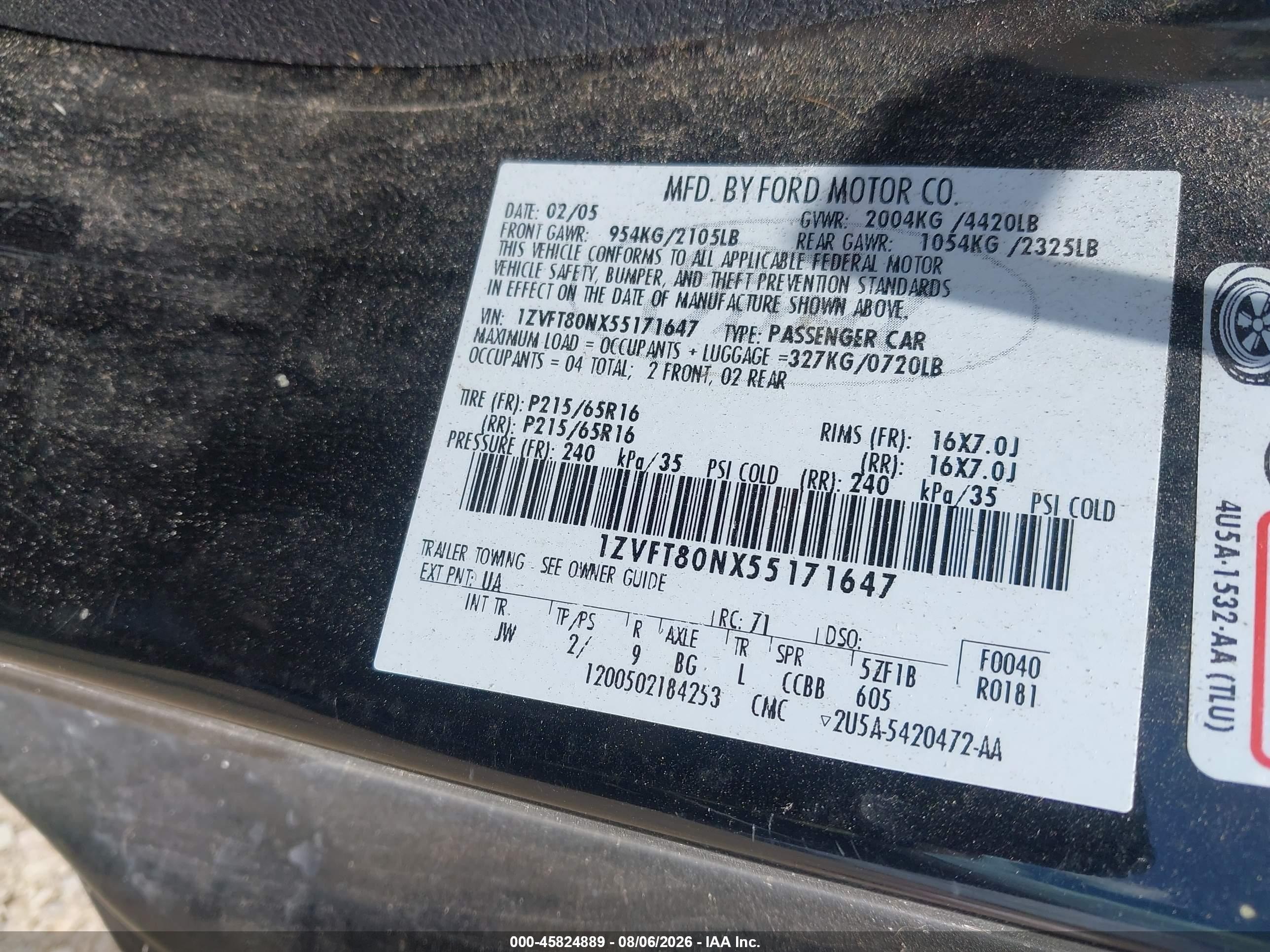 2005 Ford Mustang V6 Deluxe/v6 Premium Black vin: 1ZVFT80NX55171647
