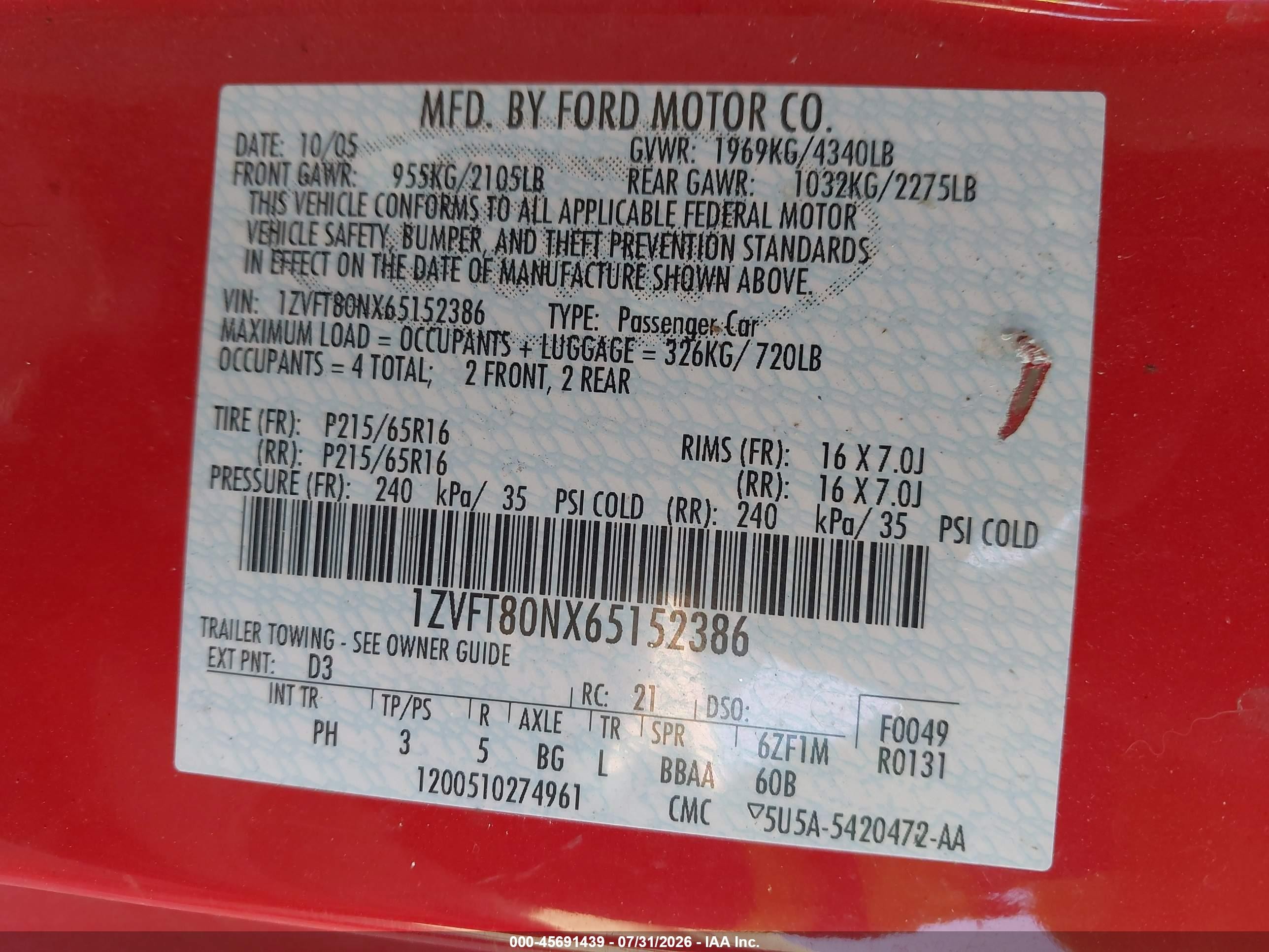 2006 Ford Mustang V6 Red vin: 1ZVFT80NX65152386