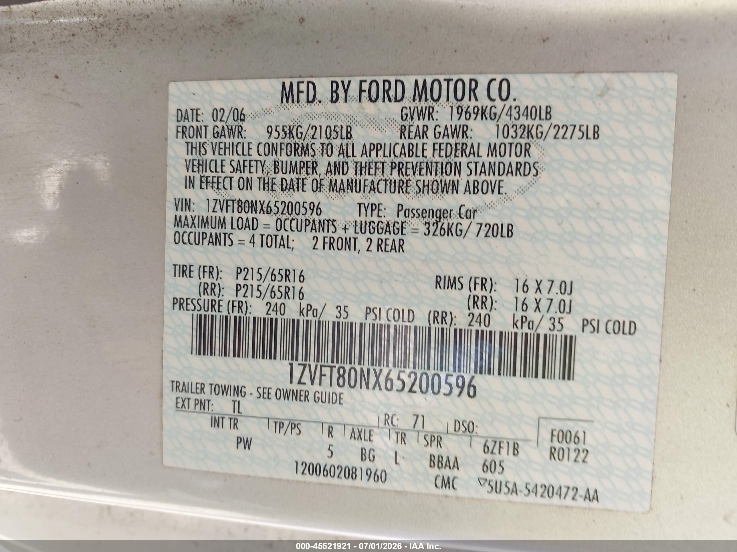 2006 Ford Mustang V6 Silver vin: 1ZVFT80NX65200596