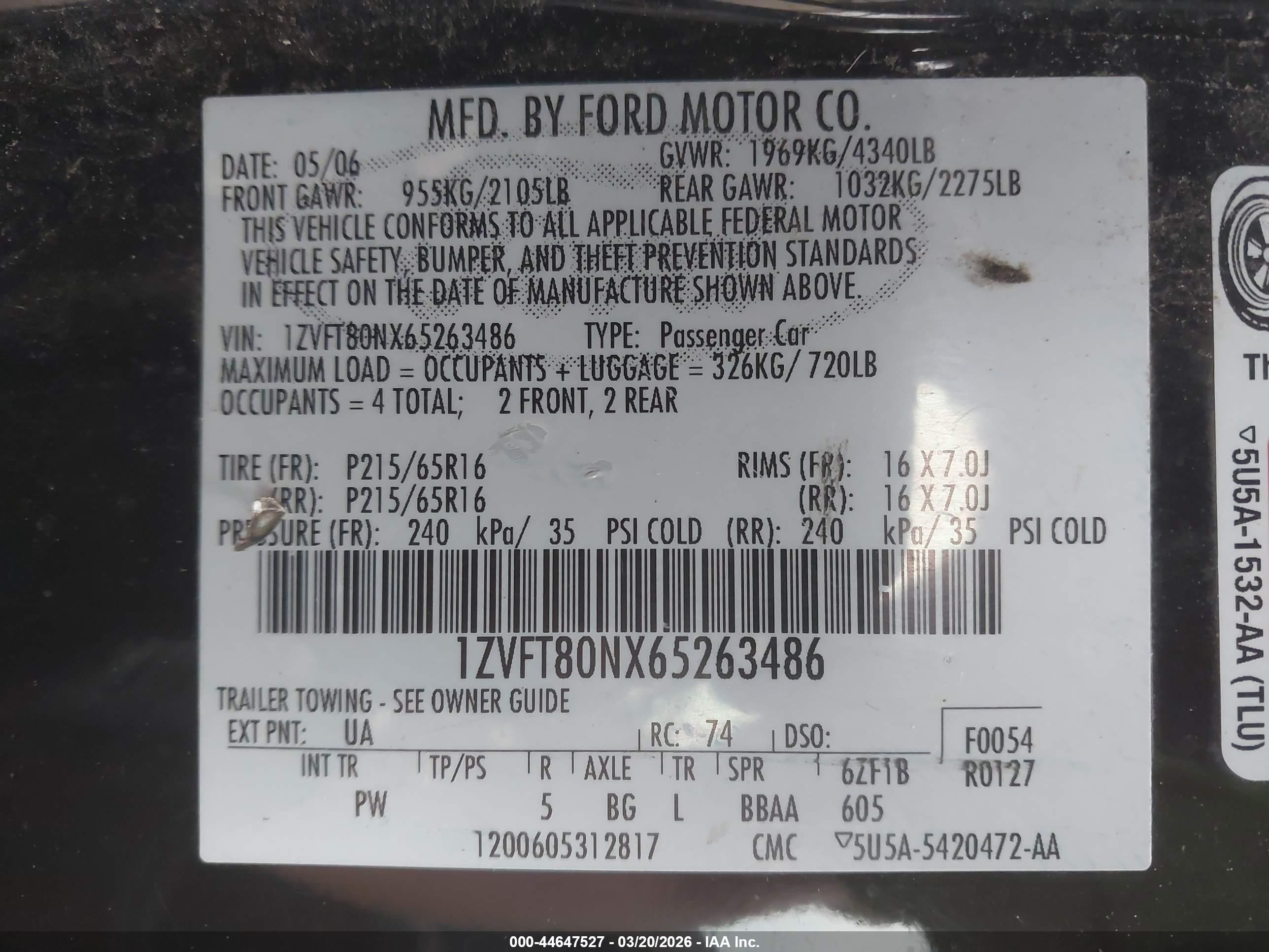2006 Ford Mustang V6 Black vin: 1ZVFT80NX65263486