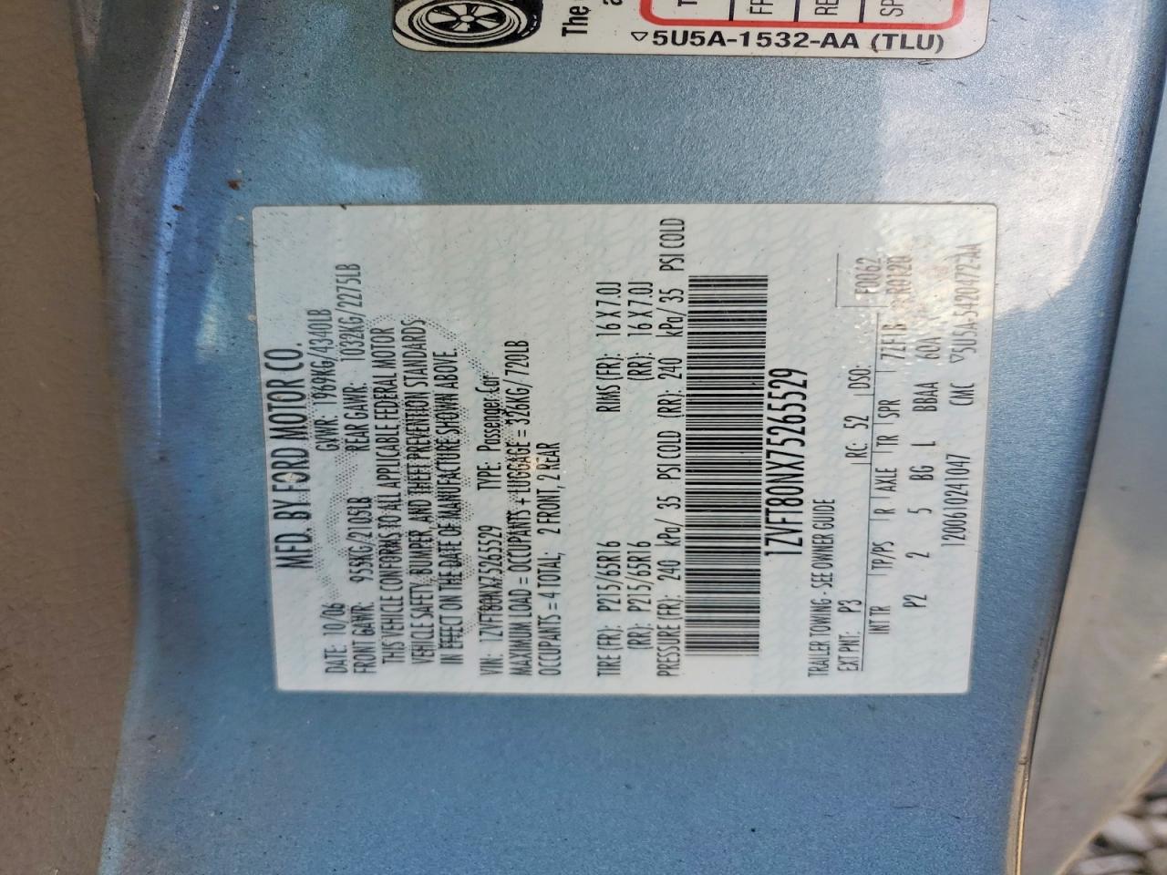 2007 Ford Mustang Blue vin: 1ZVFT80NX75265529