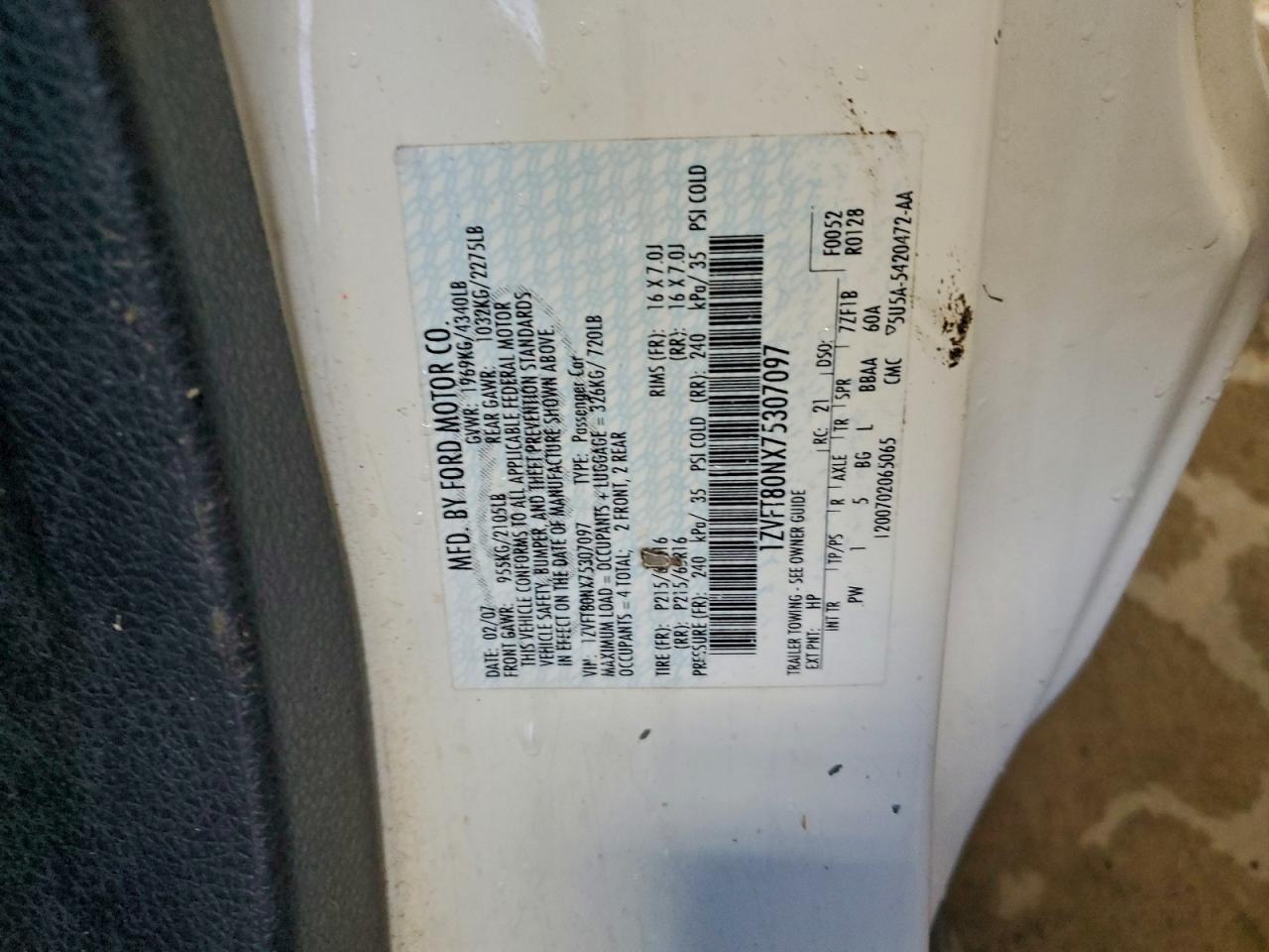 2007 Ford Mustang White vin: 1ZVFT80NX75307097