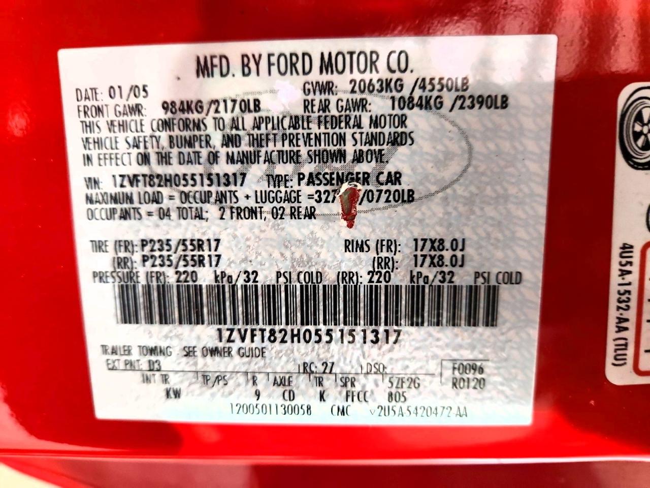 2005 Ford Mustang Gt Red vin: 1ZVFT82H055151317