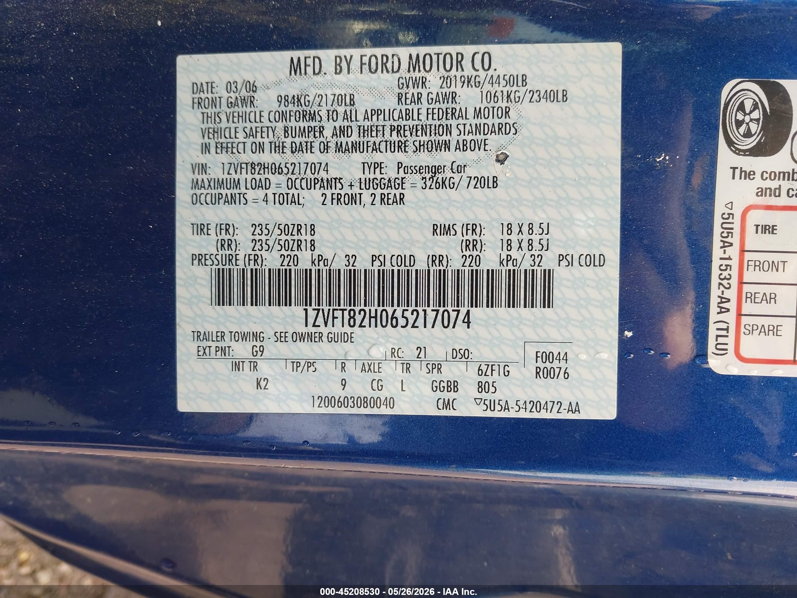 2006 Ford Mustang Gt Blue vin: 1ZVFT82H065217074