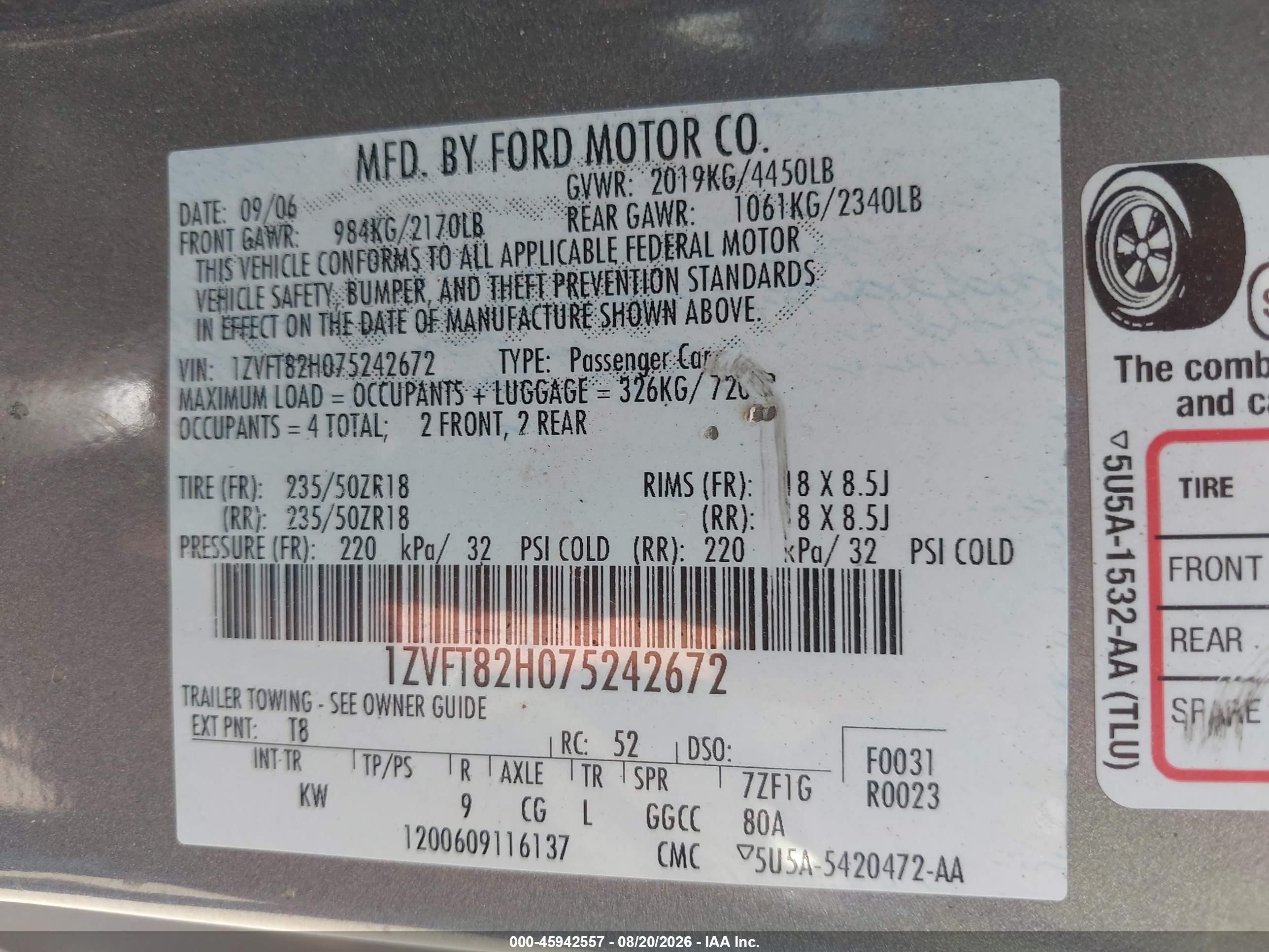 2007 Ford Mustang Gt Deluxe/gt Premium Серый vin: 1ZVFT82H075242672