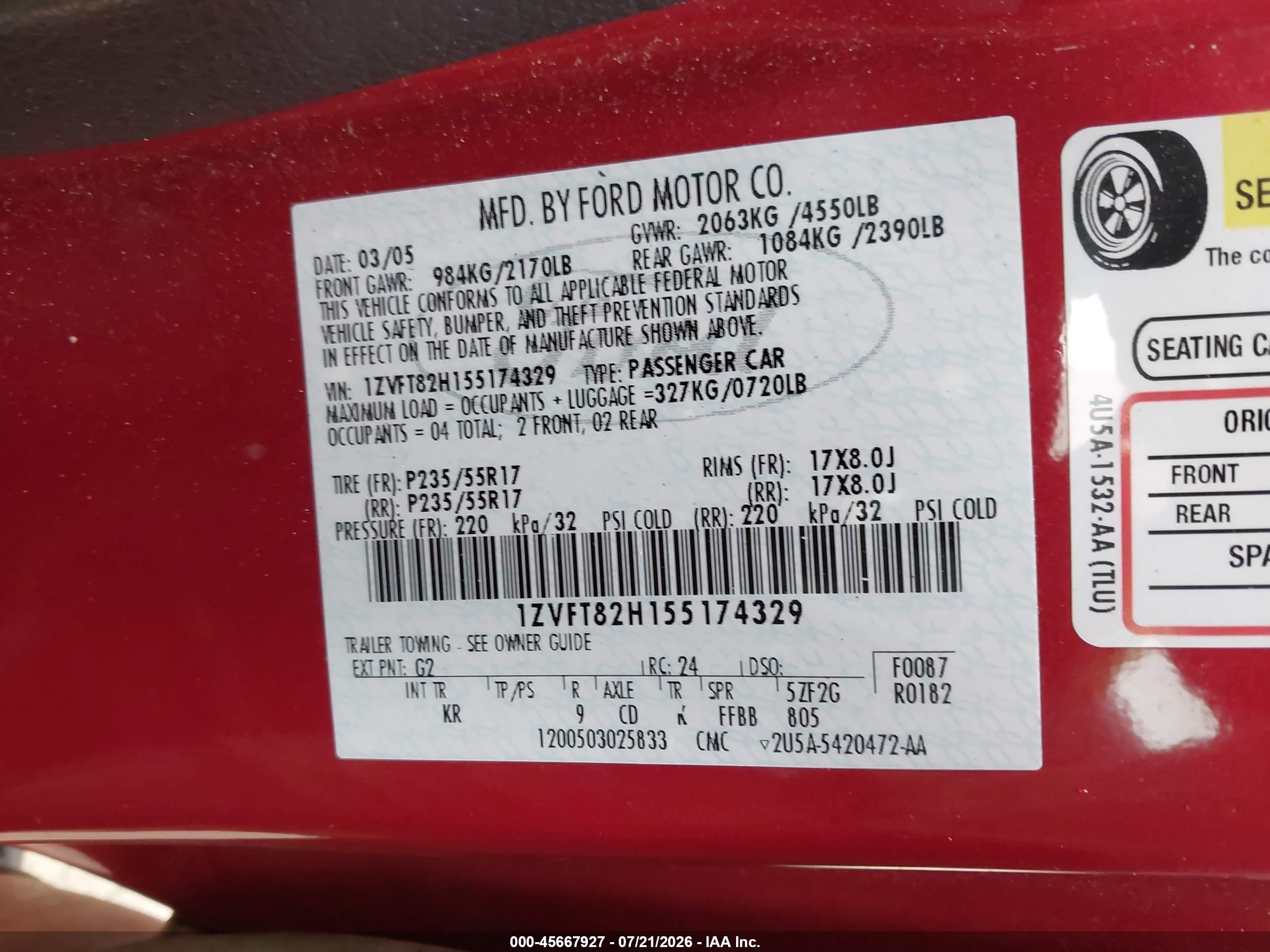 2005 Ford Mustang Gt Deluxe/gt Premium Red vin: 1ZVFT82H155174329