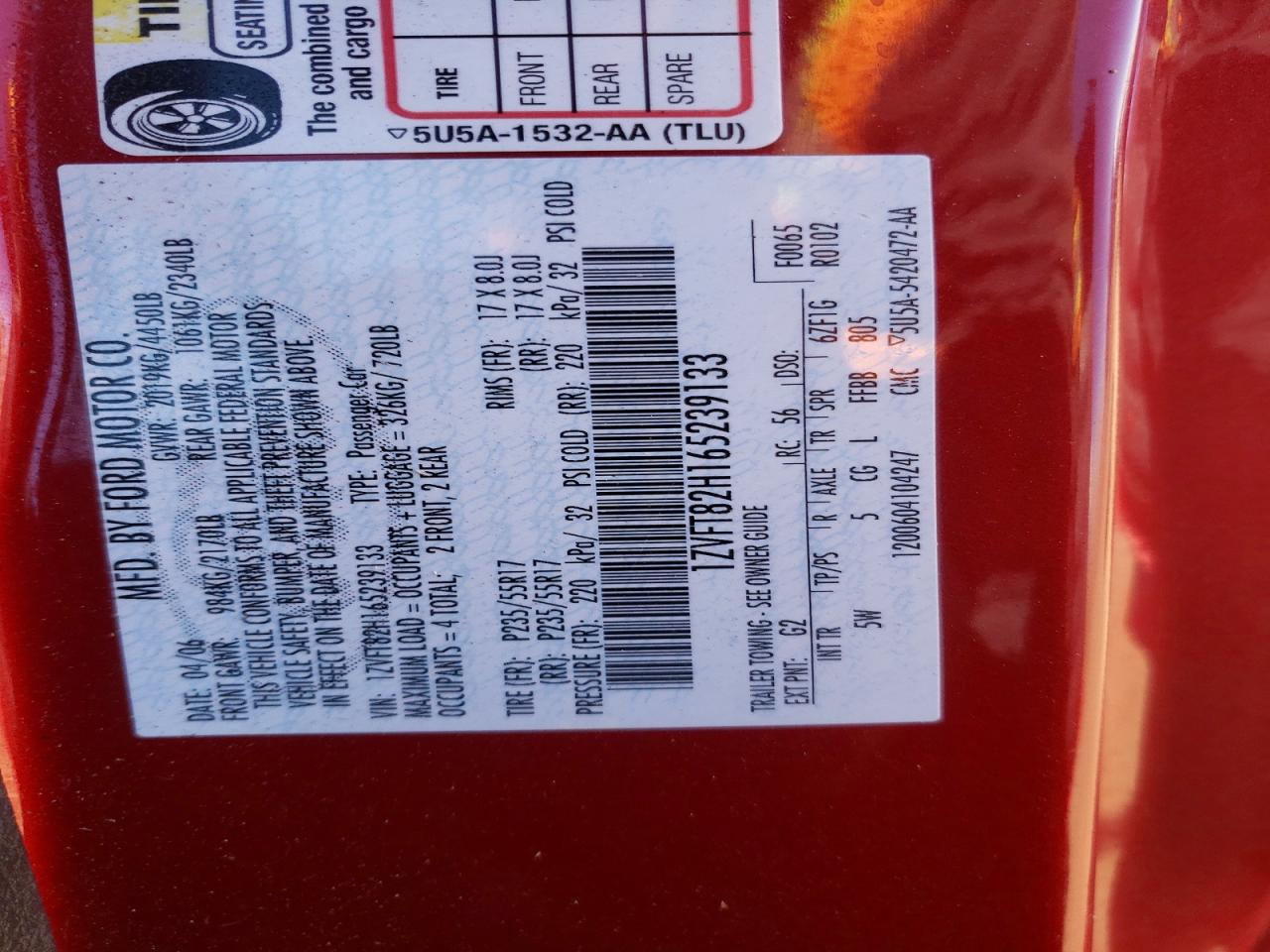 2006 Ford Mustang Gt Red vin: 1ZVFT82H165239133