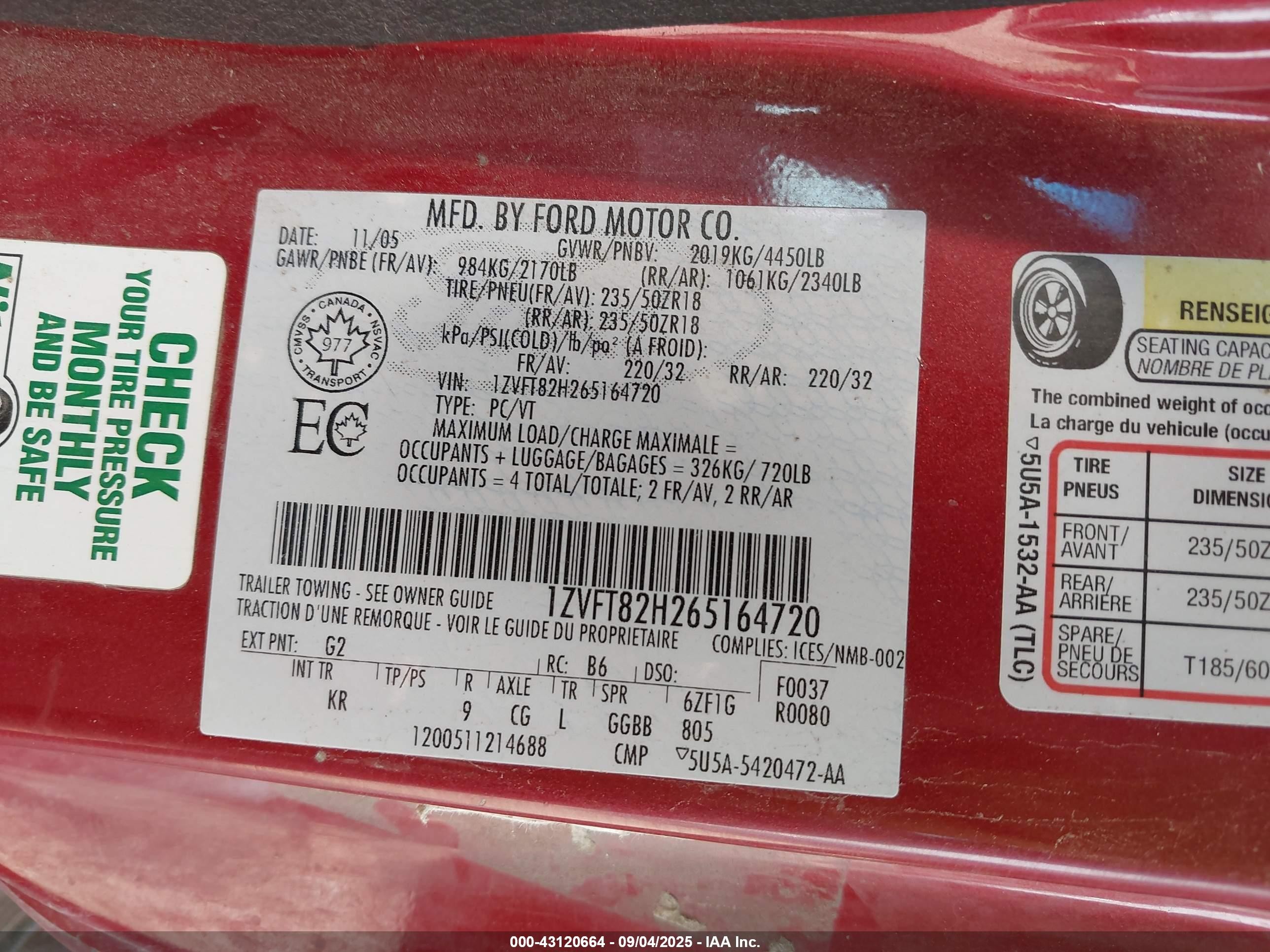 2006 Ford Mustang Gt Red vin: 1ZVFT82H265164720