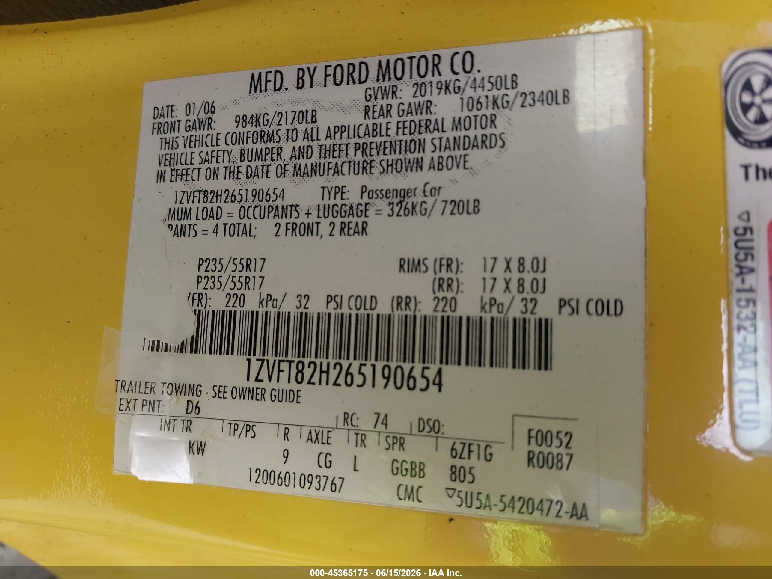 2006 Ford Mustang Gt Yellow vin: 1ZVFT82H265190654