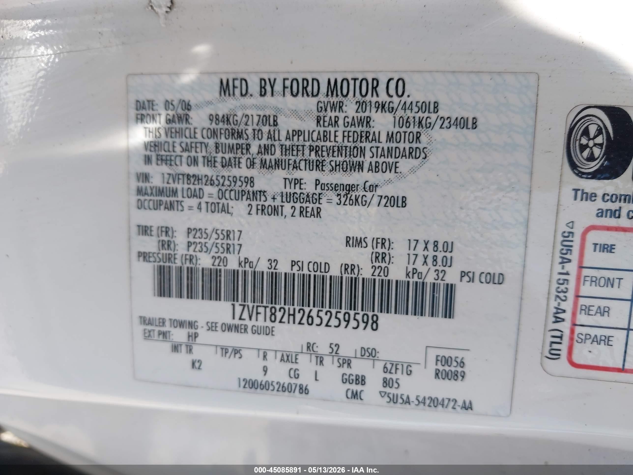 2006 Ford Mustang Gt White vin: 1ZVFT82H265259598