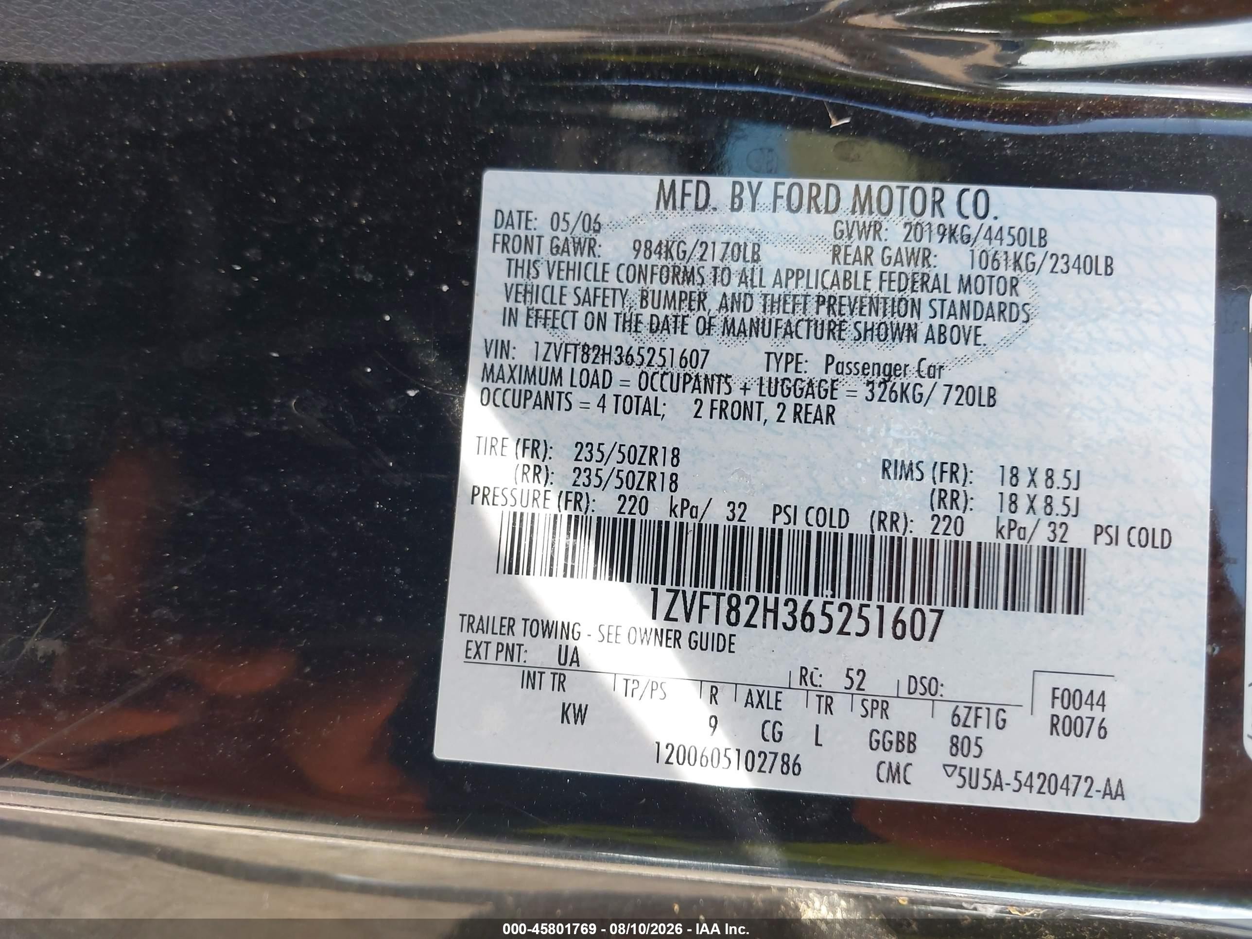 2006 Ford Mustang Gt Black vin: 1ZVFT82H365251607