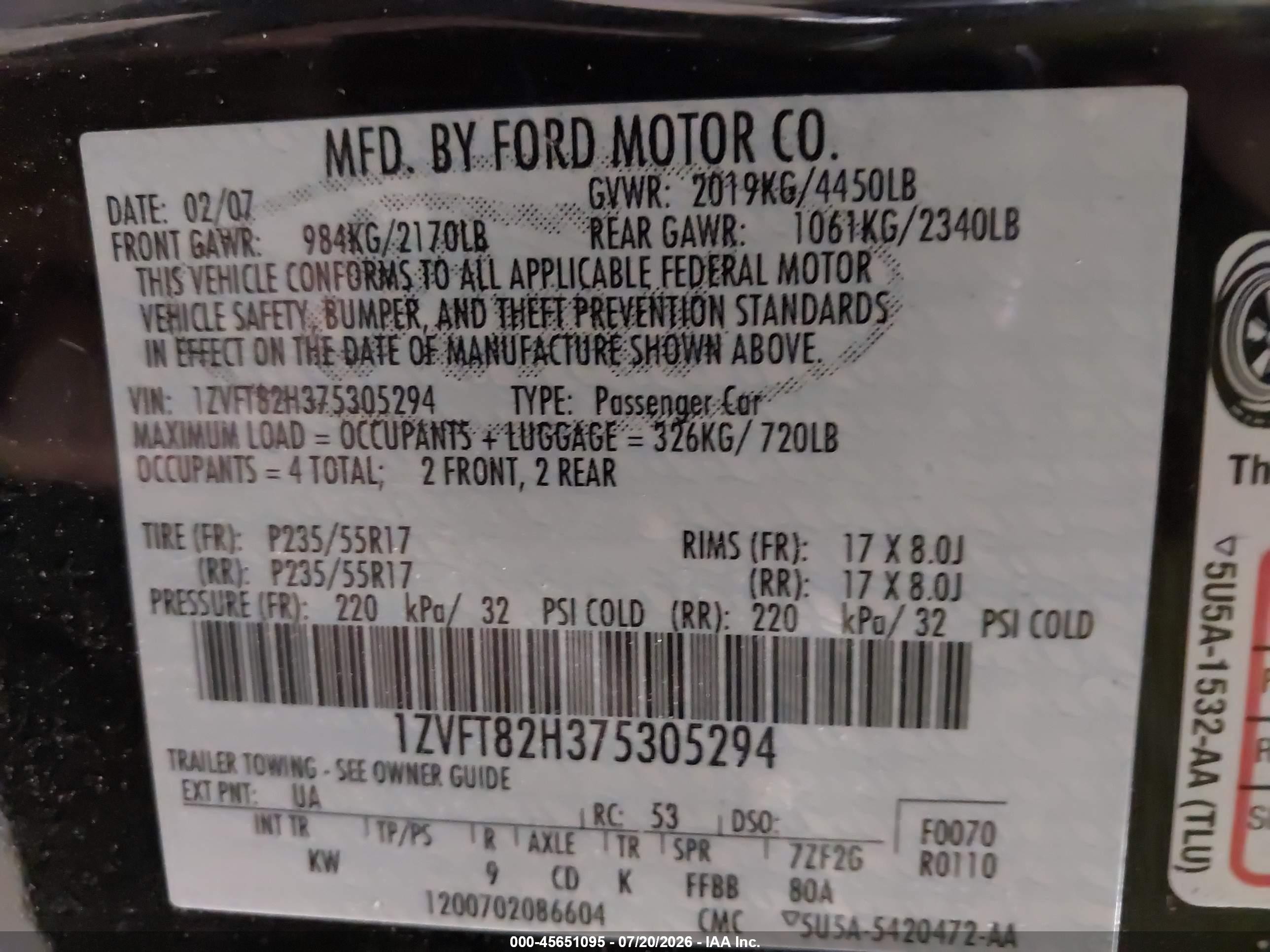 2007 Ford Mustang Gt Deluxe/gt Premium Black vin: 1ZVFT82H375305294