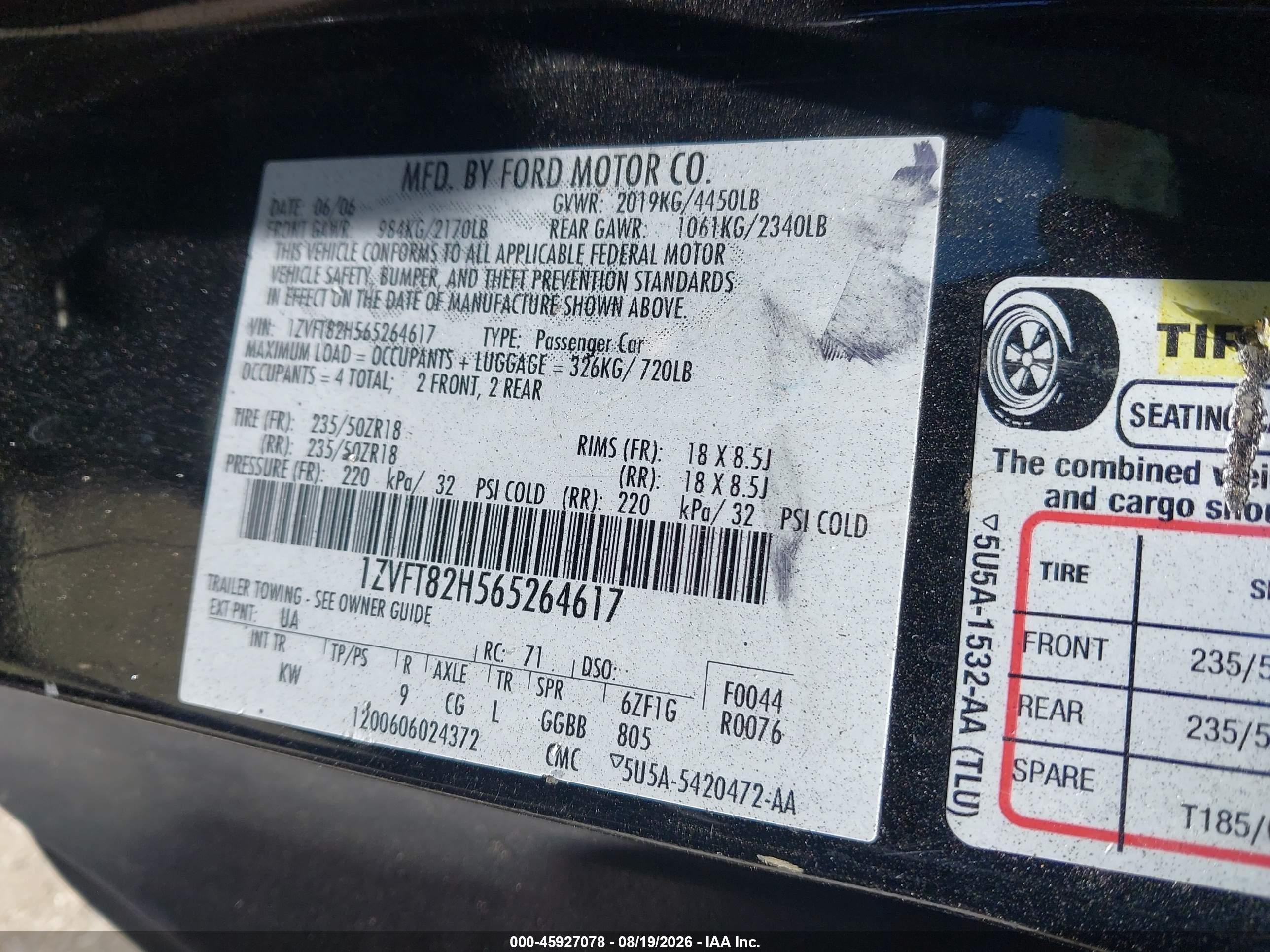 2006 Ford Mustang Gt Black vin: 1ZVFT82H565264617