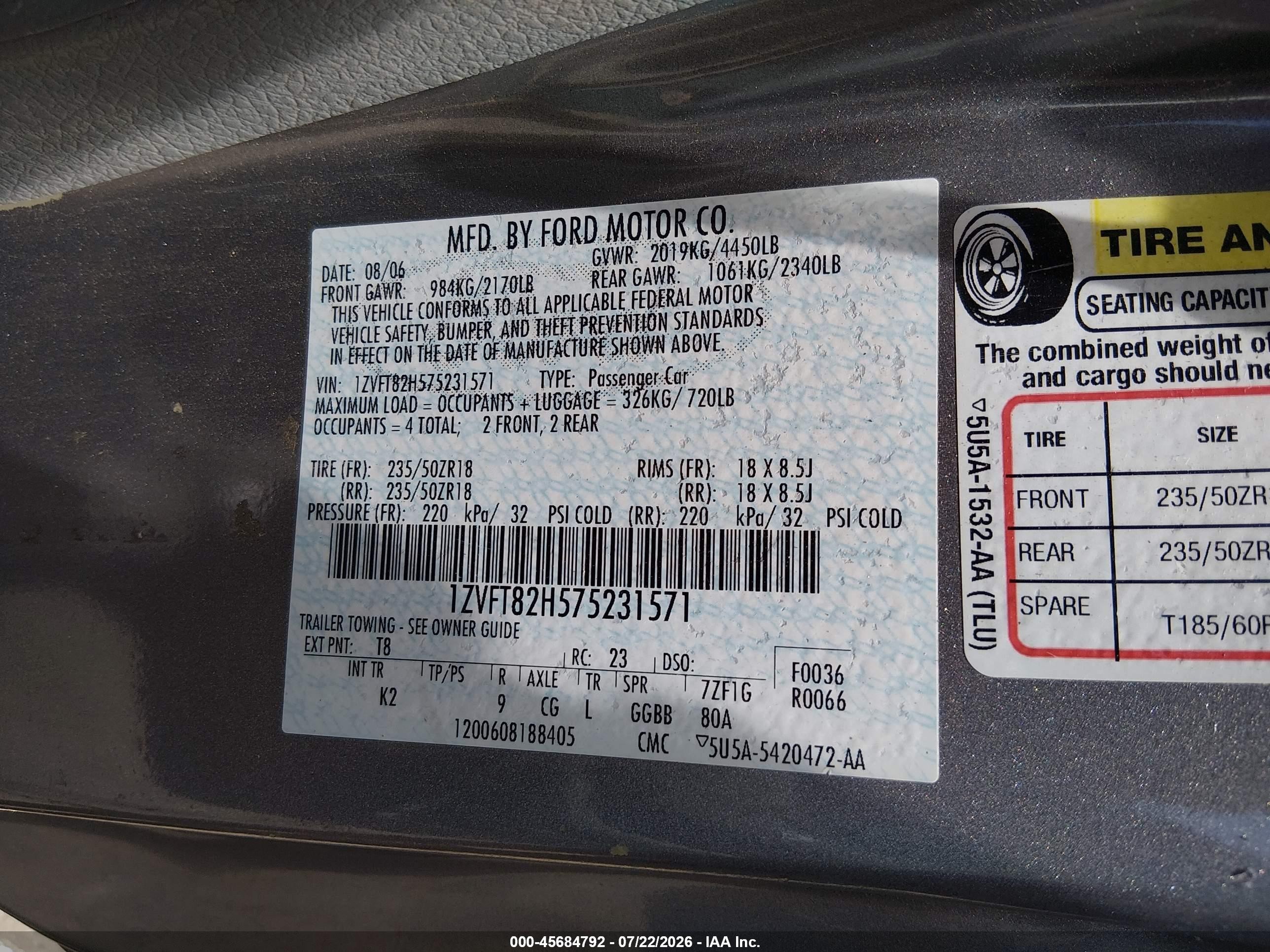 2007 Ford Mustang Gt Deluxe/gt Premium Gray vin: 1ZVFT82H575231571