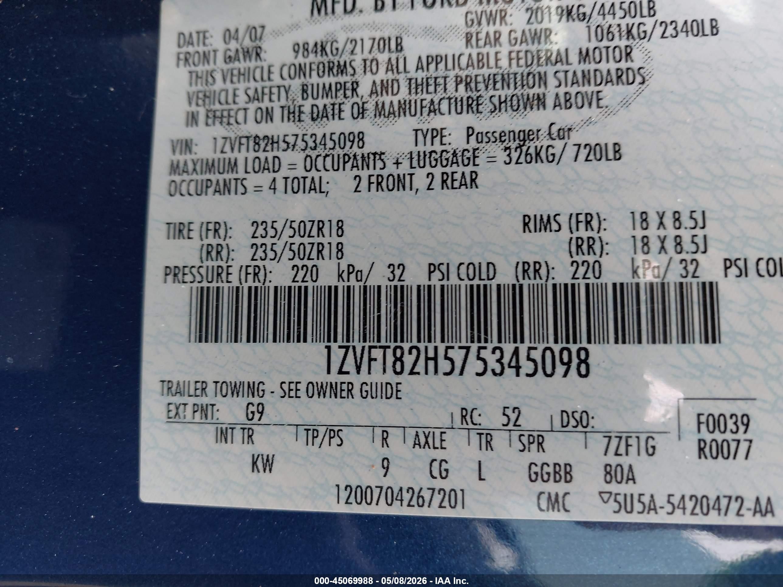 2007 Ford Mustang Gt Deluxe/gt Premium Blue vin: 1ZVFT82H575345098