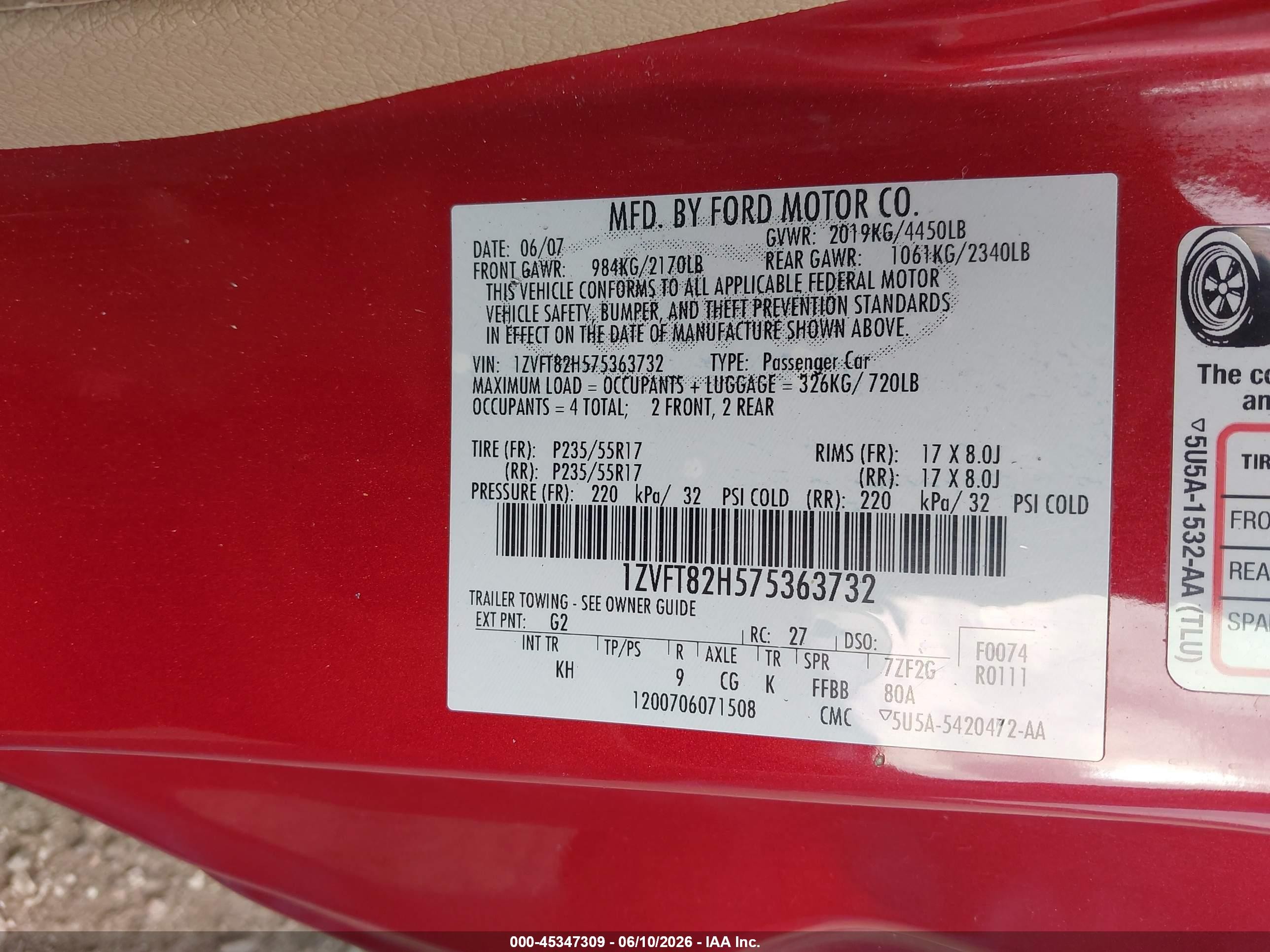 2007 Ford Mustang Gt Deluxe/gt Premium Red vin: 1ZVFT82H575363732