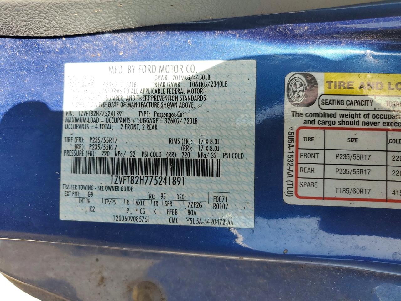 2007 Ford Mustang Gt Blue vin: 1ZVFT82H775241891