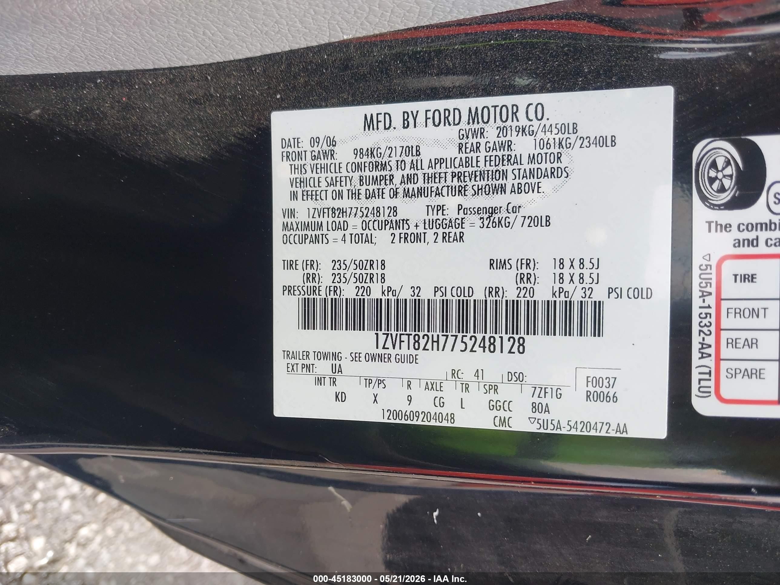 2007 Ford Mustang Gt Deluxe/gt Premium Black vin: 1ZVFT82H775248128
